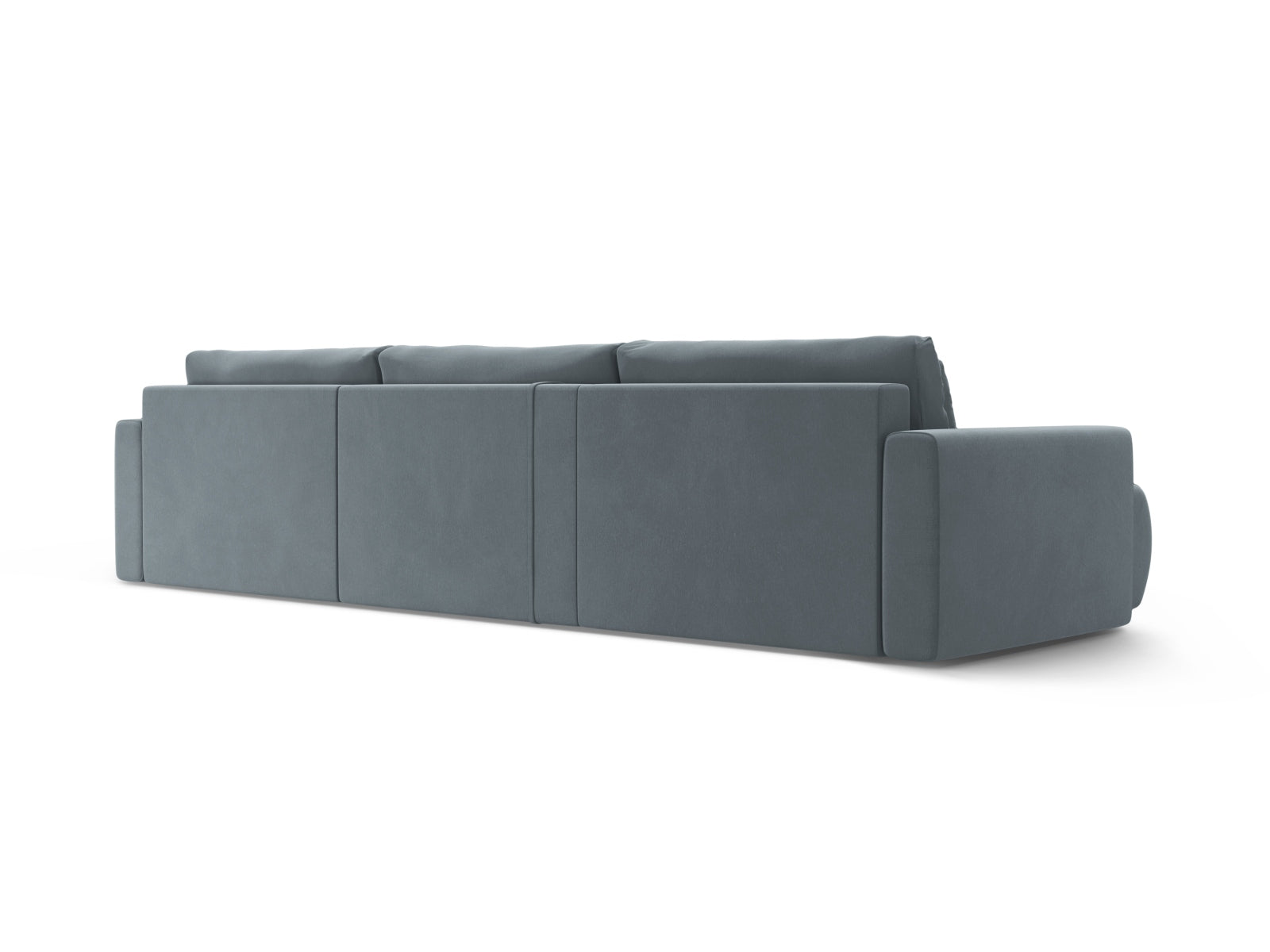 Modernes Belfast Velour Panoramic Sofa in edlem Blau-Grau, 4-Sitzer mit cleverem Stauraum und flexibler Schlaffunktion für jeden Raum.