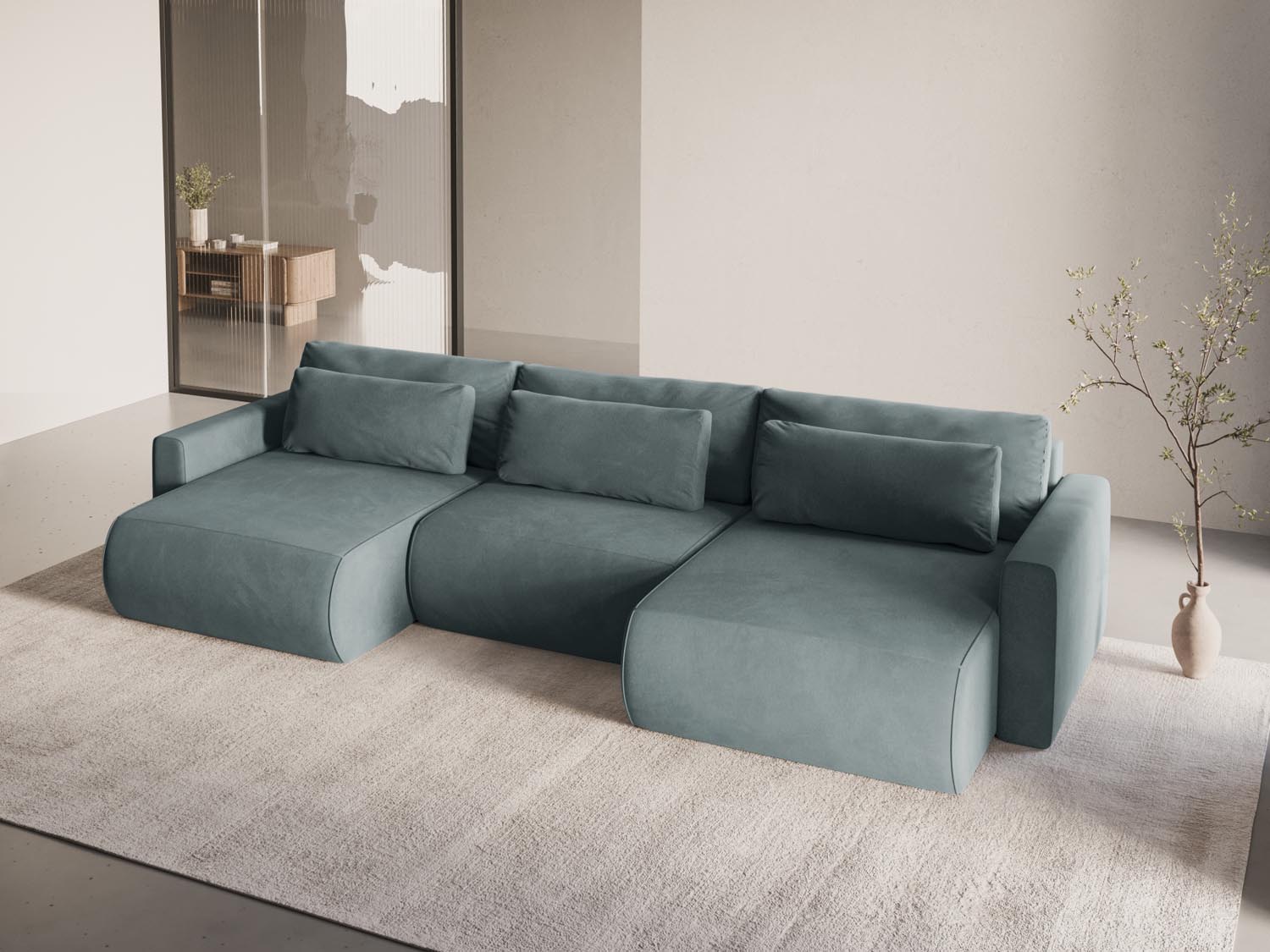 Elegantes Belfast Velour Panoramic Sofa in Blue Grey-Magic Velvet, ideal für stilvolle Wohnräume, mit praktischem Stauraum und Schlaffunktion.