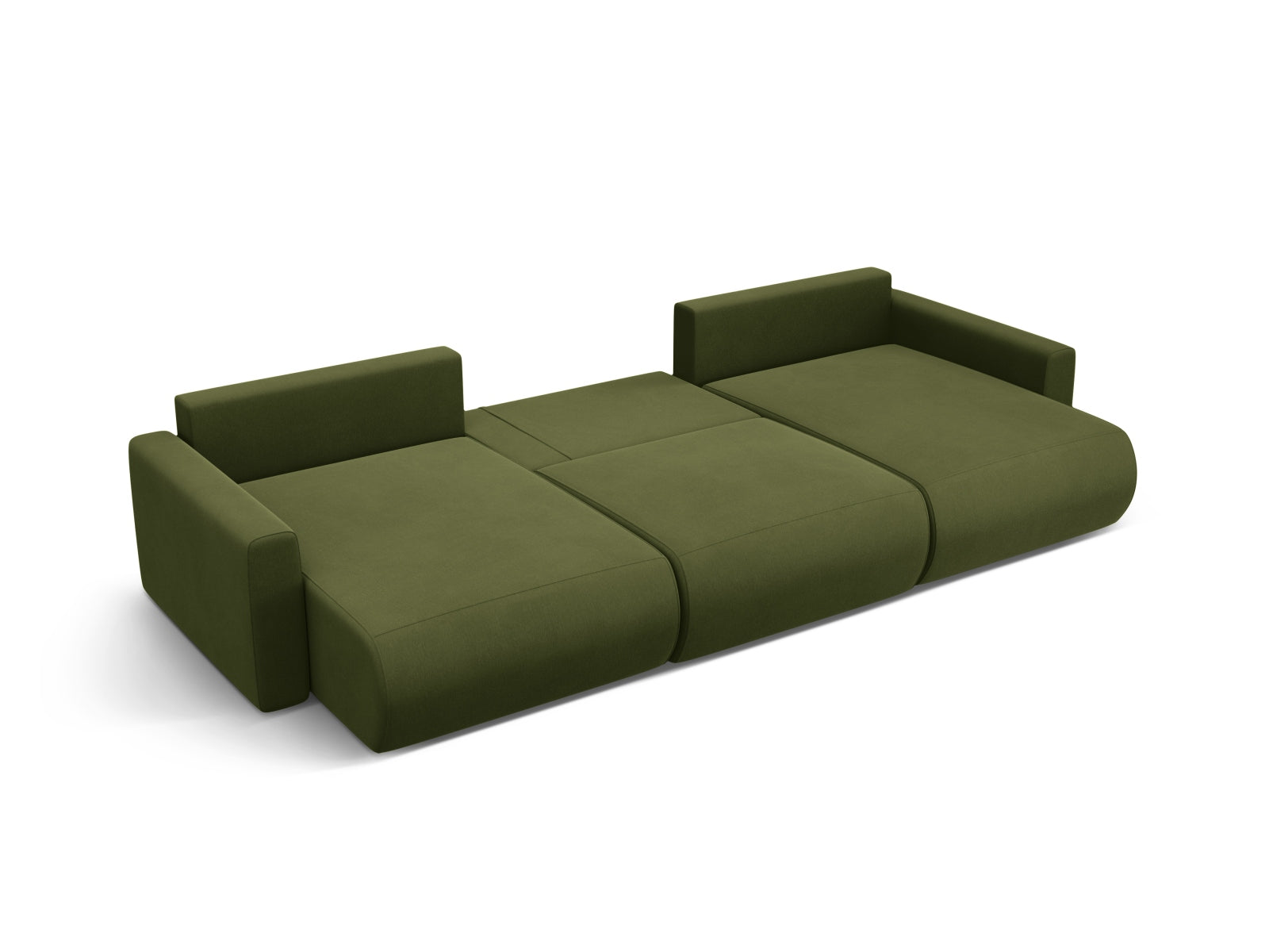 Stylisches Belfast Velour Panoramic Sofa in Army Green, 4-Sitzer mit praktischem Stauraum und umwandelbarer Schlaffunktion für Gäste.