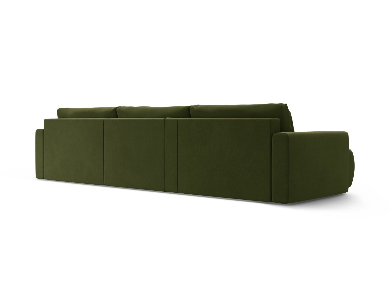 Stylisches Belfast Velour Panoramic Sofa in Army Green, 4-Sitzer mit praktischem Stauraum und umwandelbarer Schlaffunktion für Gäste.