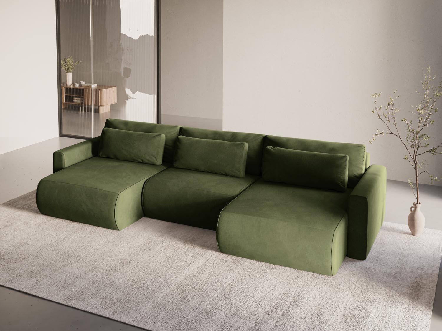 Elegantes Belfast Velour Panoramic Sofa in Army Green mit Stauraum und Schlaffunktion, ideal für stilvolle Wohnräume.