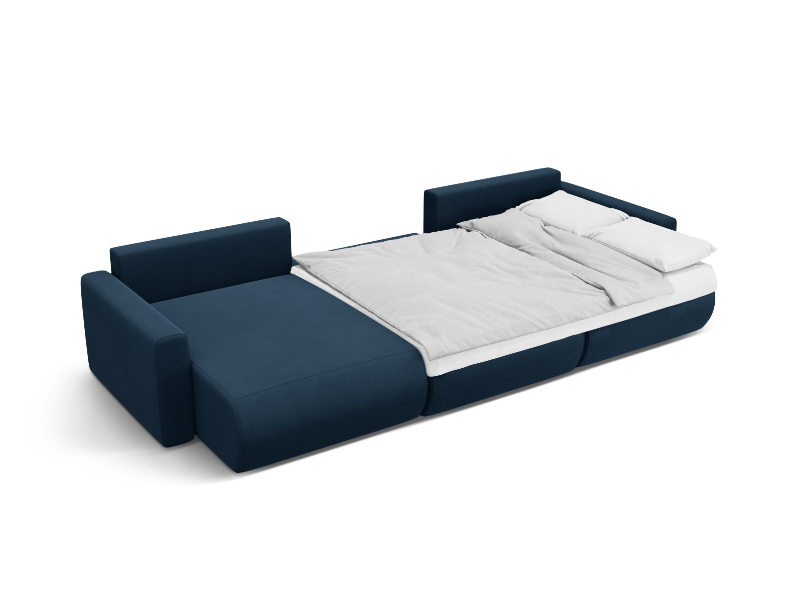 Elegantes 4-Sitzer Belfast Velour Panoramic Sofa in Royalblau, ideal für Wohnräume, bietet Stauraum und eine komfortable Schlaffunktion.