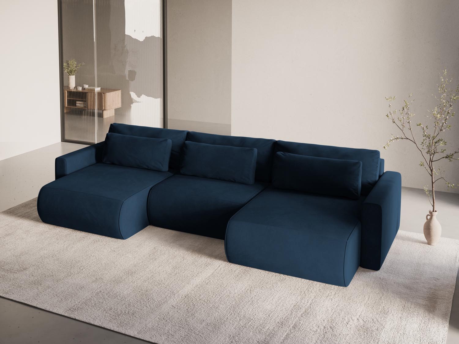 Elegantes Belfast Velour Panoramic Sofa in Royal Blue, 4-Sitzer mit Stauraum und Schlaffunktion, ideal für stilvolle Wohnräume.
