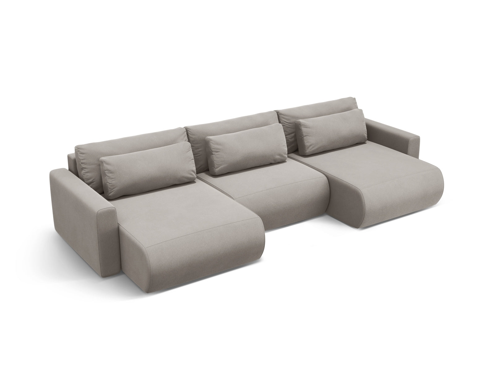 Elegantes Belfast Velour Panoramic Sofa in Warm Grey, ideal für Wohnräume, bietet Stauraum und verwandelt sich mühelos in ein bequemes Bett.