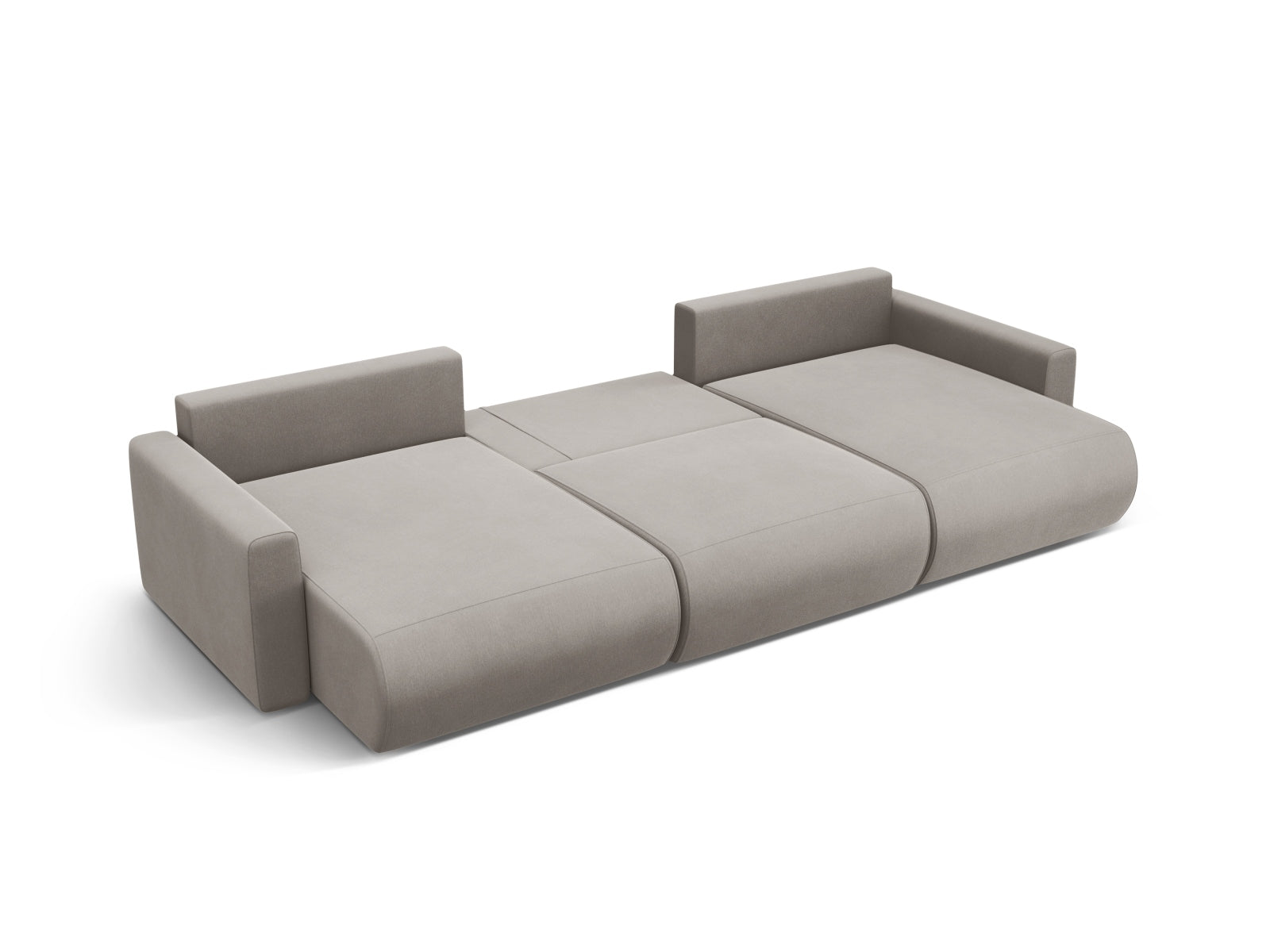 Stylisches Belfast Velour Panoramic Sofa in Warm Grey, 4-Sitzer mit praktischem Stauraum und flexibler Schlaffunktion für gemütliche Abende.