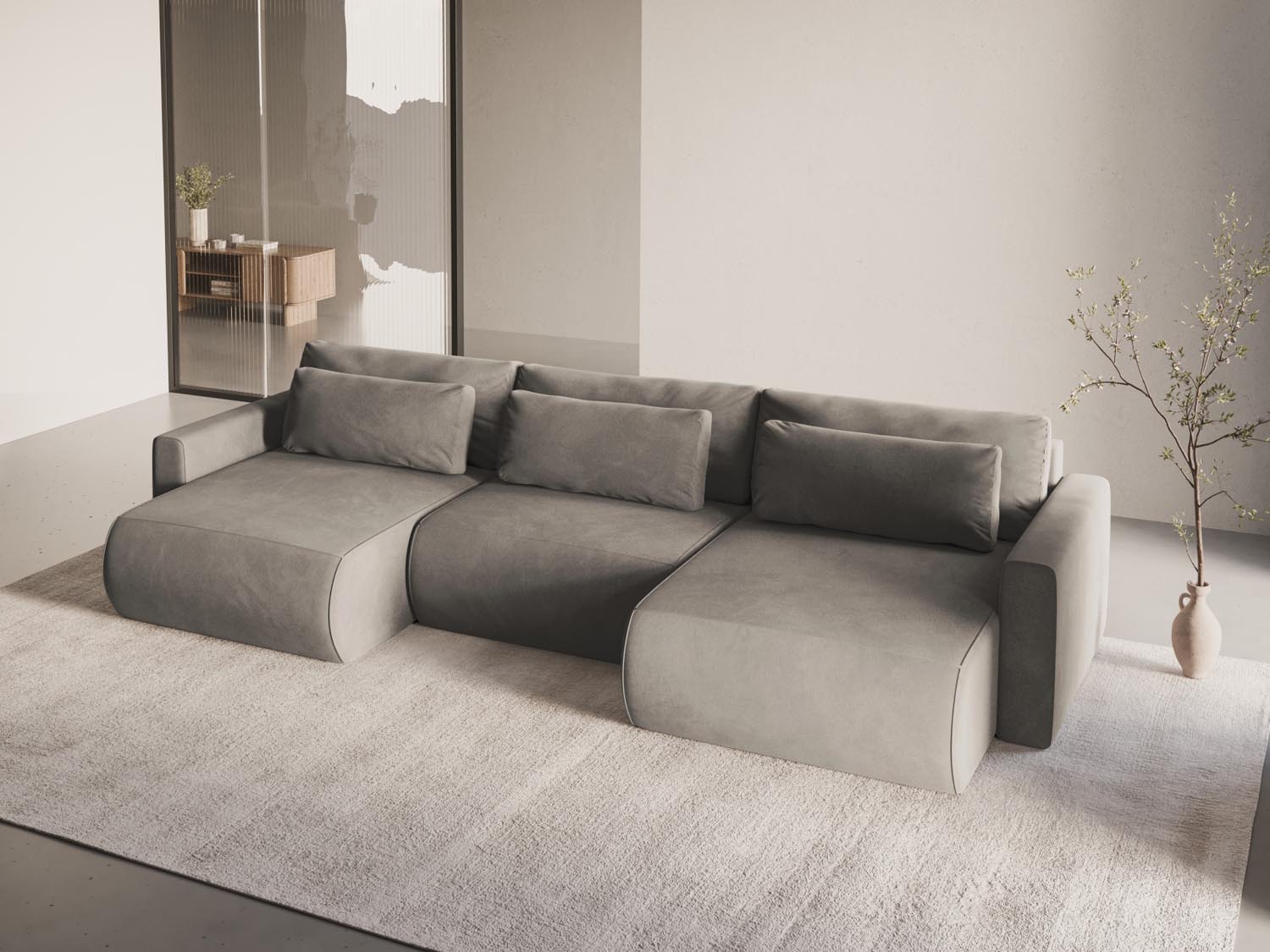 Entdecken Sie das stilvolle Belfast Velour Panoramic Sofa von Cosmopolitan Design – ein 4-Sitzer mit Schlafoption und praktischem Stauraum für Ihr Zuhause.