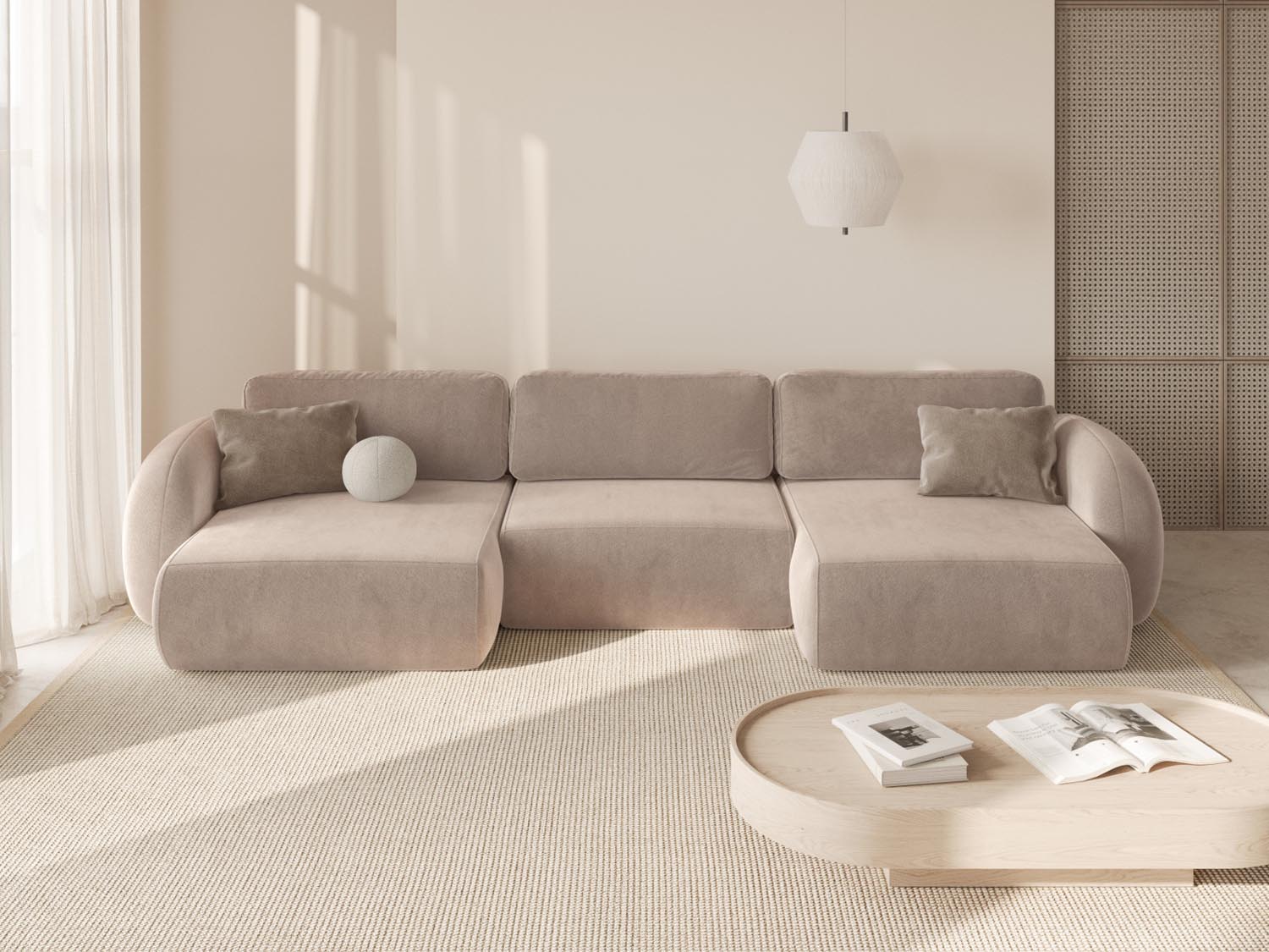 Elegantes Tonale Velour Panoramic Ecksofa in Almond Beige, ideal für stilvolle Wohnräume, mit Schlaffunktion und praktischem Stauraum.