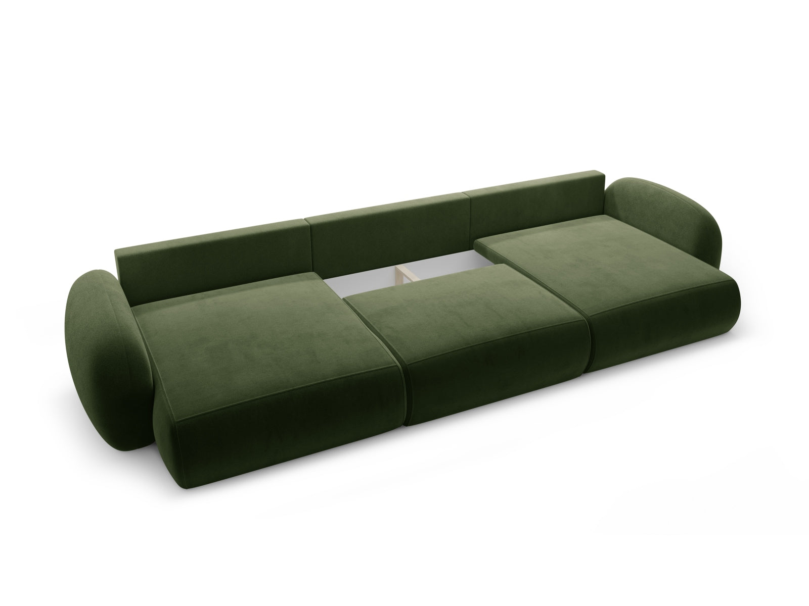 Elegantes 5-Sitzer Ecksofa in Army Green aus hochwertigem Velours, ideal für stilvolle Wohnräume mit praktischer Schlaffunktion und integriertem Stauraum.