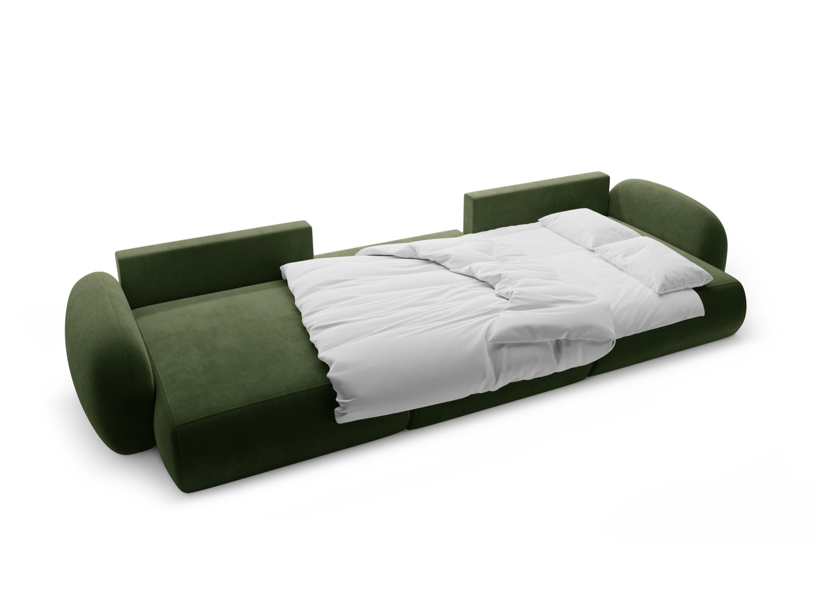 Modernes 5-Sitzer Ecksofa in Army Green aus Velours, bietet Komfort und Funktionalität mit Schlaffunktion und Stauraum.