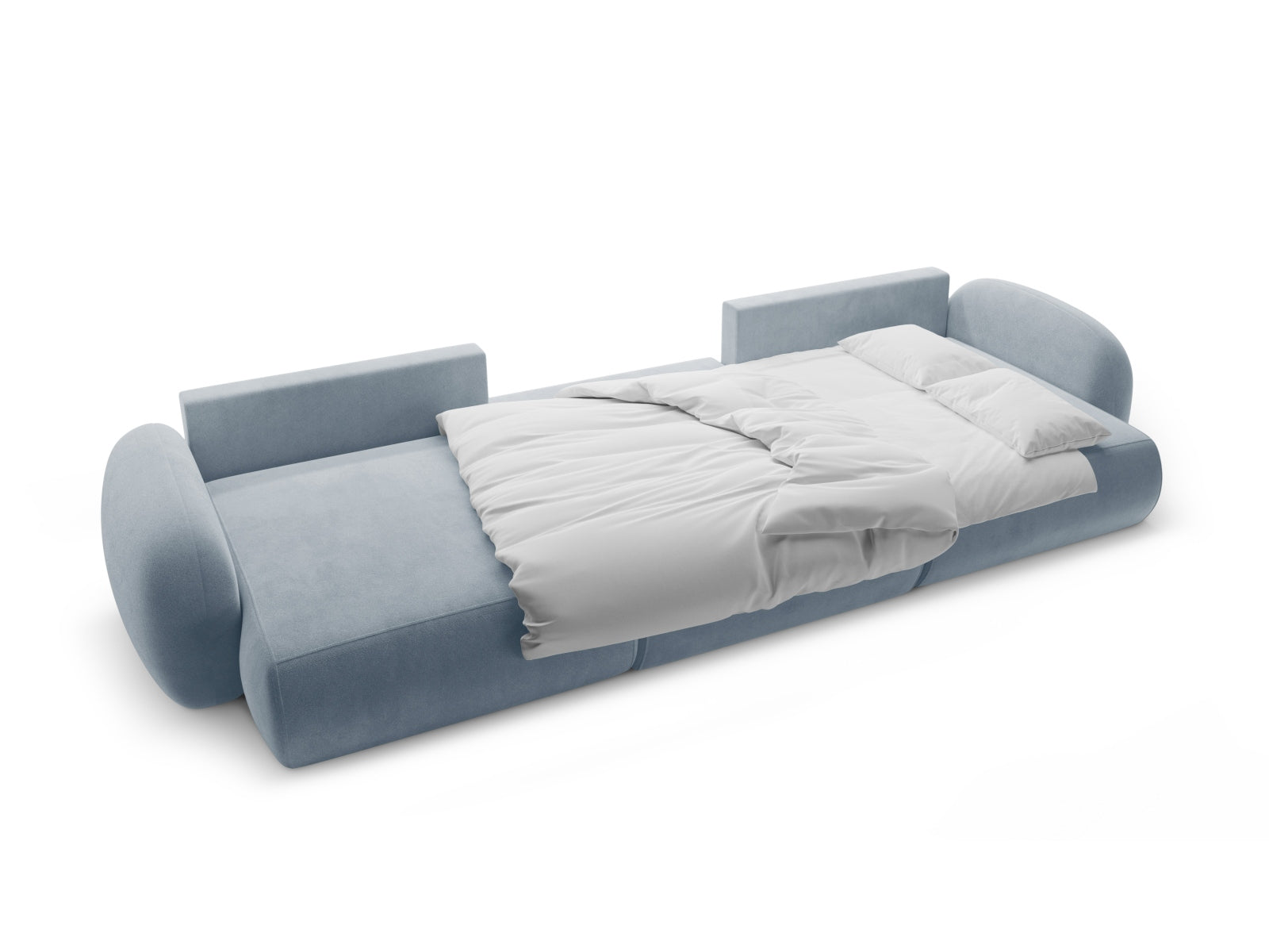 Modernes Ecksofa in Blue Grey aus Velours, 5-Sitzer mit praktischer Schlaffunktion und Stauraum, perfekt für gemütliche Abende.