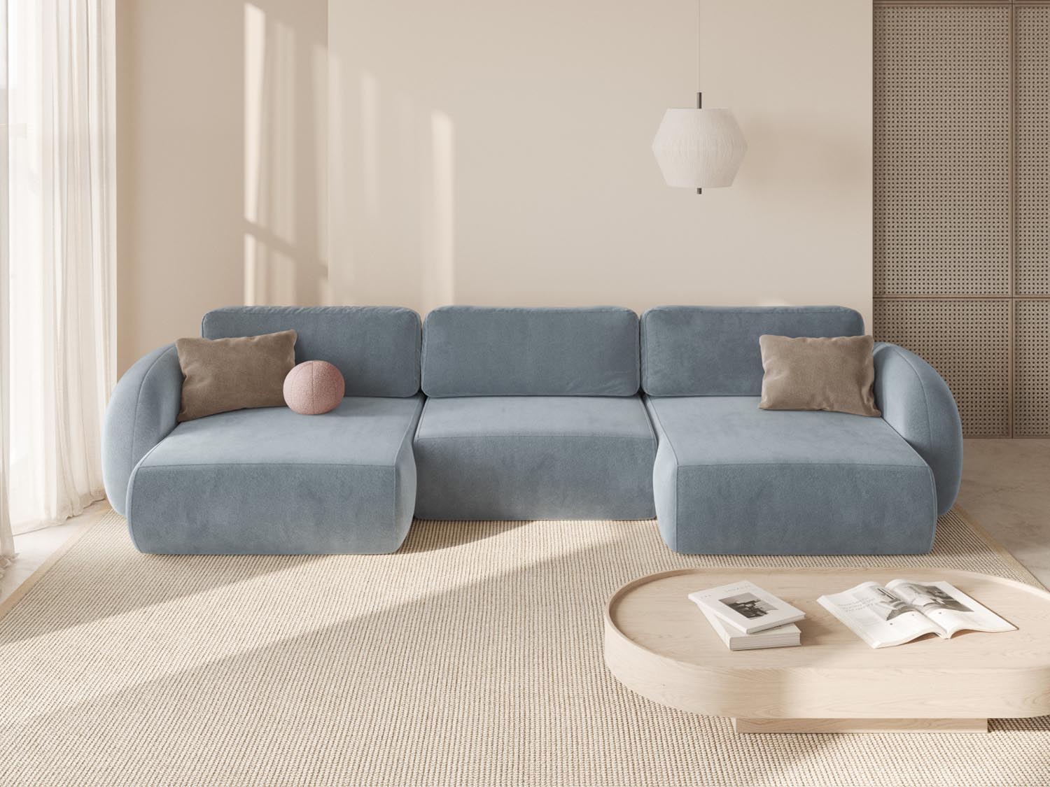 Elegantes Tonale Velour Panoramic Ecksofa in Blue Grey, 5-Sitzer mit Schlaffunktion und Stauraum, ideal für stilvolle Wohnräume.