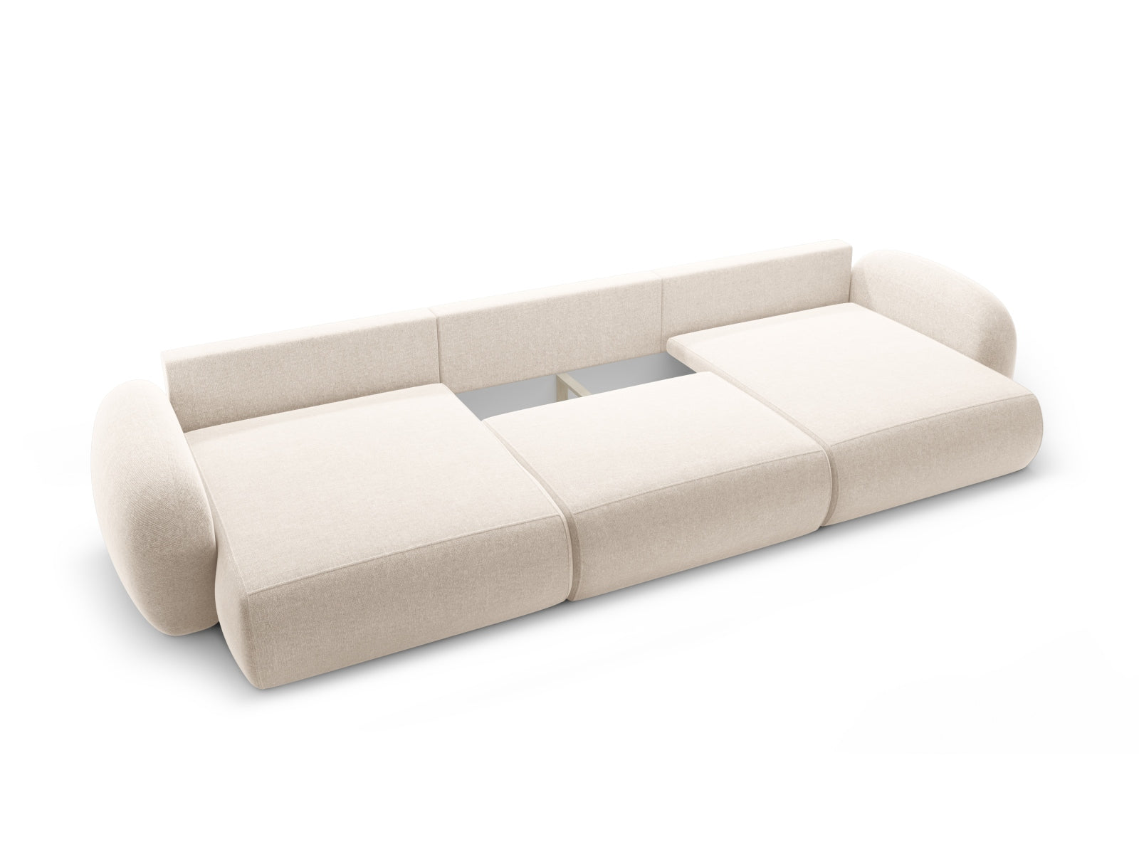 Elegantes 5-Sitzer Sofa Tonale in sanftem Beige, ideal für Wohnräume, bietet zusätzlichen Stauraum und eine bequeme Schlafoption.