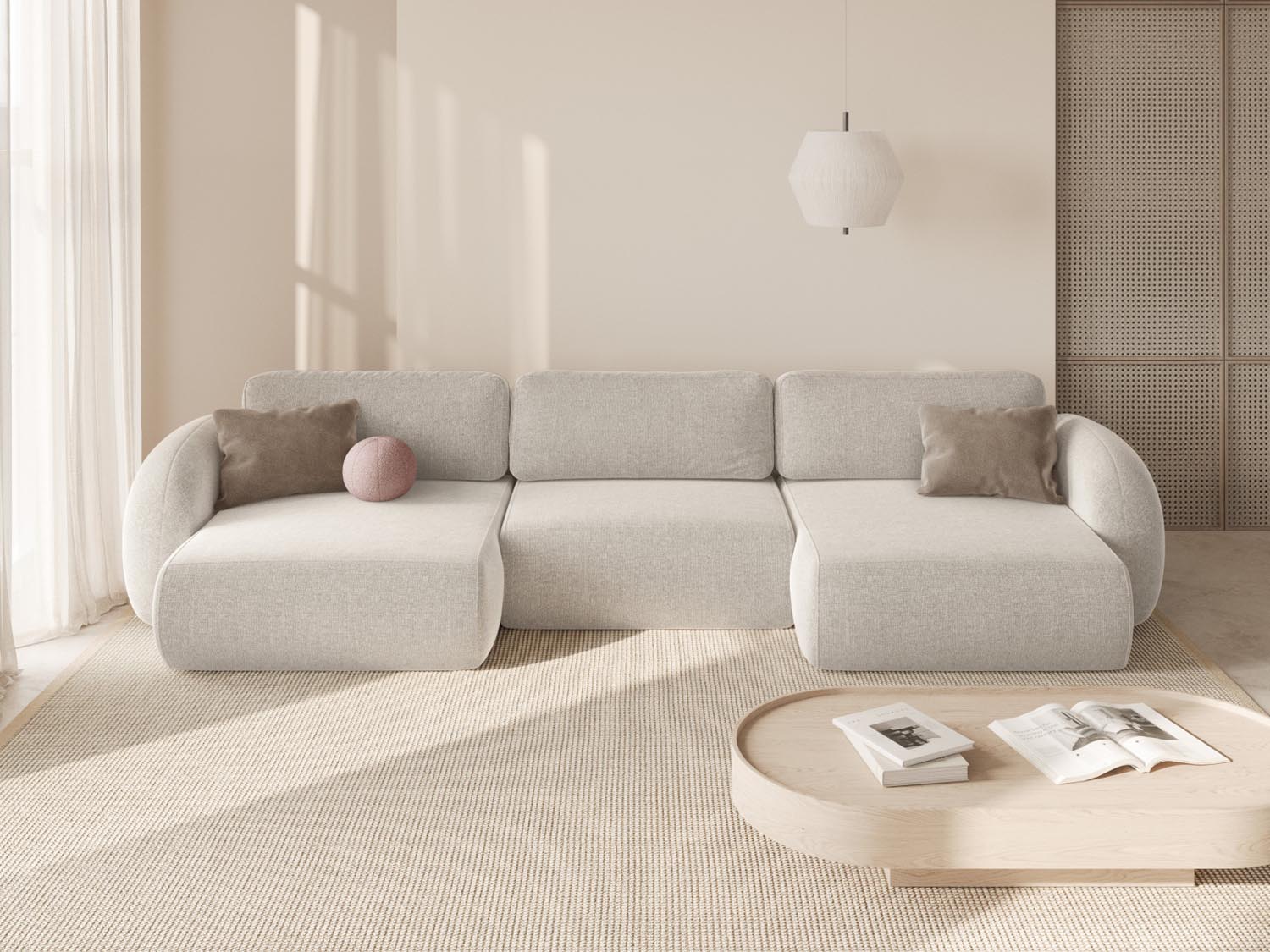 Elegantes 5-Sitzer Sofa Tonale in Light Beige mit Stauraum und Schlaffunktion, ideal für modernes Wohnen und vielseitige Nutzung.