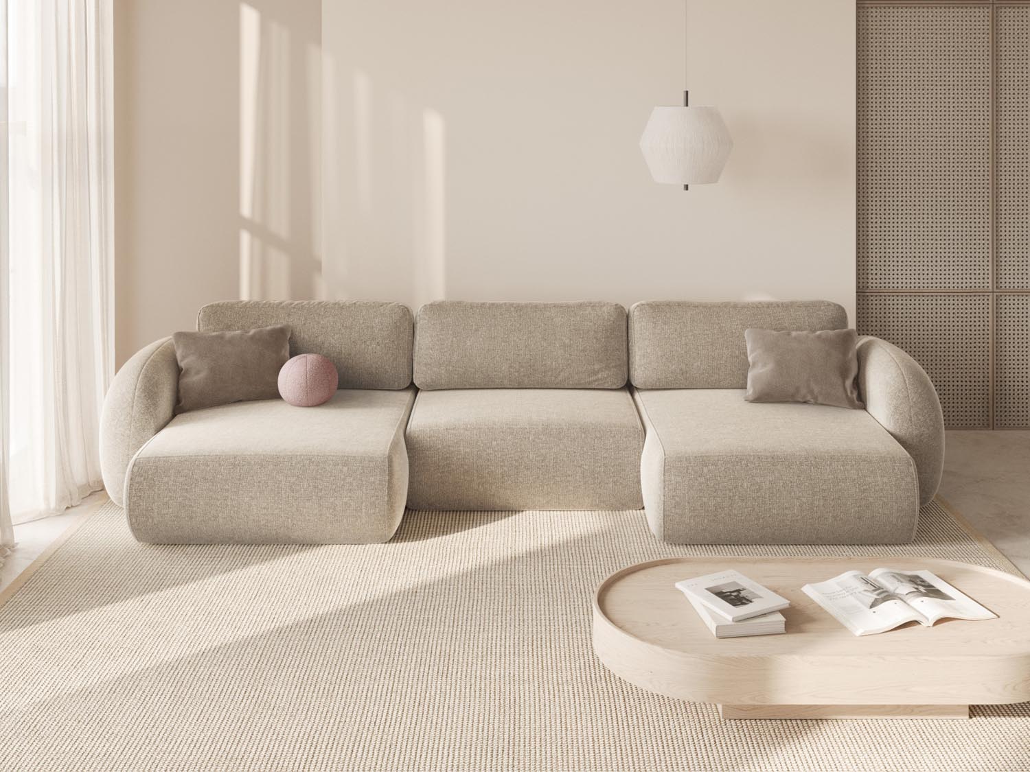 Elegantes 5-Sitzer Sofa Tonale in Dunkelbeige mit Stauraum und Schlaffunktion, ideal für modernes Wohnen und vielseitige Nutzung.