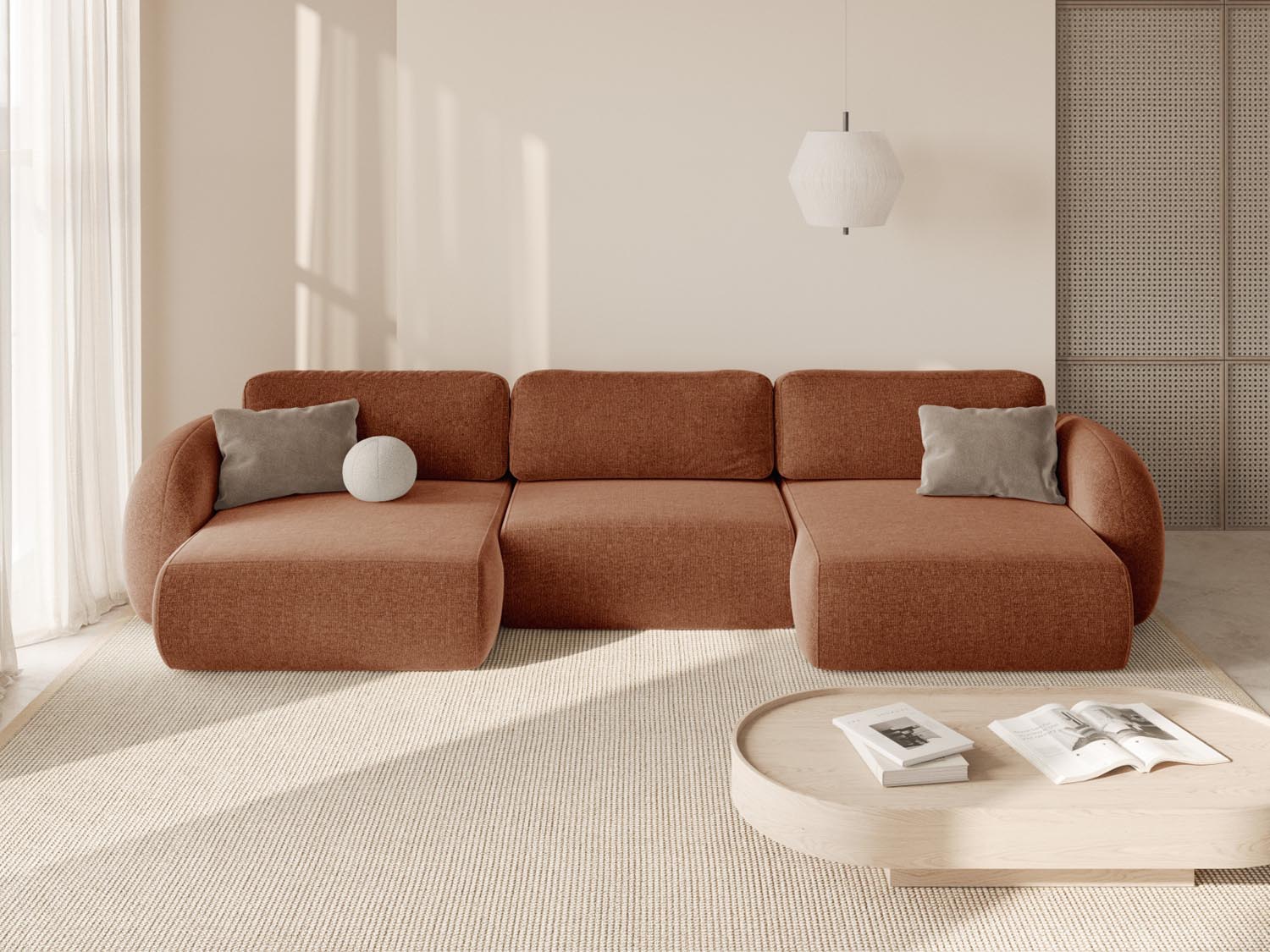 Elegantes 5-Sitzer Sofa Tonale Panoramic in Brick-Eden, ideal für stilvolle Wohnräume, mit praktischem Stauraum und Schlaffunktion.