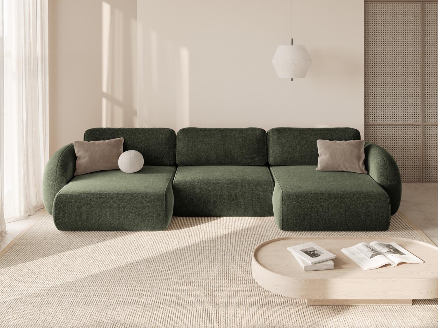 Elegantes 5-Sitzer Sofa Tonale Panoramic in Green-Eden, ideal für stilvolle Wohnräume, mit praktischem Stauraum und Schlaffunktion.