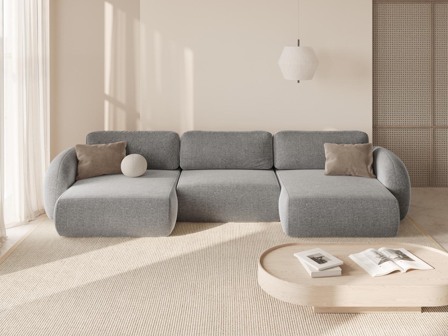 Elegantes 5-Sitzer Sofa Tonale in Hellgrau mit Stauraum und Schlaffunktion, ideal für modernes Wohnen und vielseitige Nutzung.