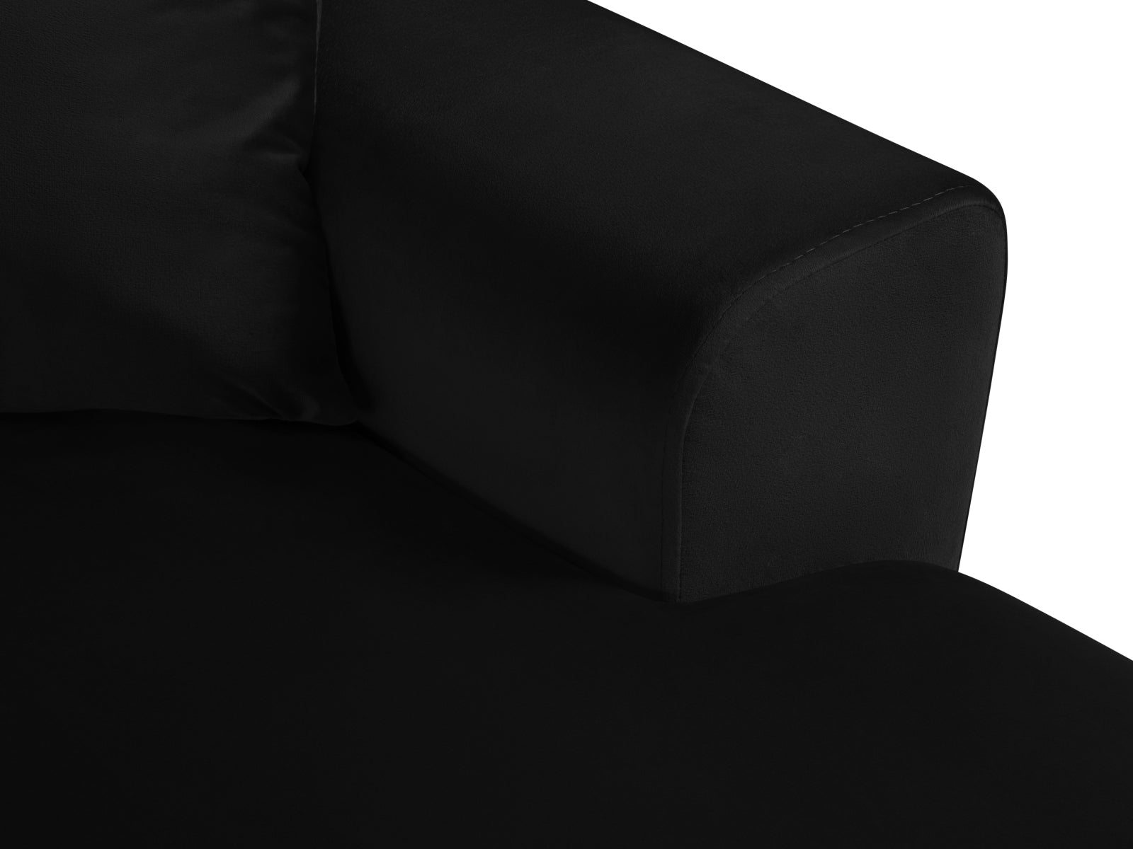 Stylisches Kyoto Velour Panoramic Ecksofa links in edlem Schwarz, 7-Sitzer mit cleverem Stauraum und gemütlicher Schlaffunktion für Gäste.