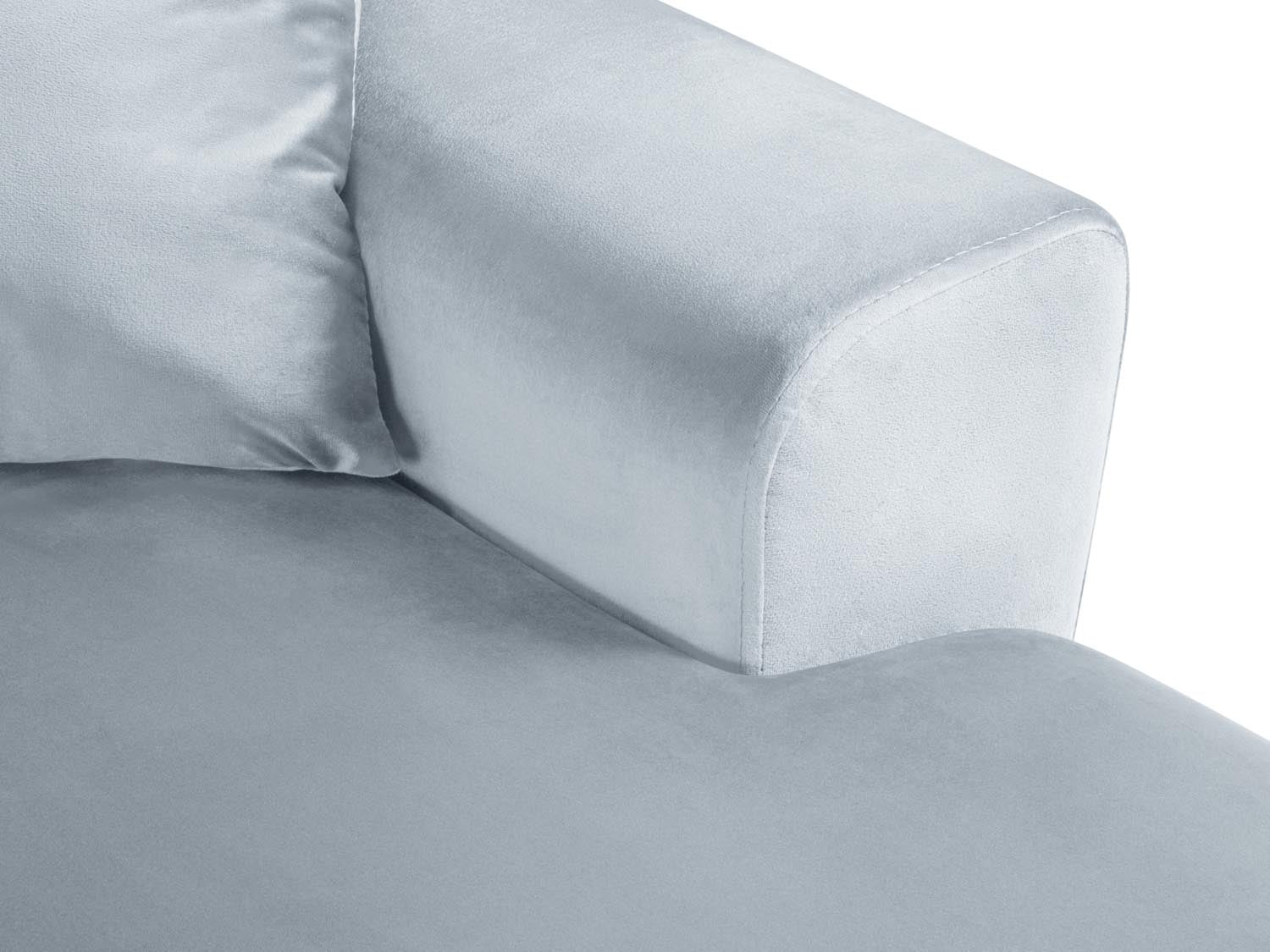 Stylisches Kyoto Velour Panoramic Ecksofa links in sanftem Light Blue-Riviera, 7 Sitzer mit cleverem Stauraum und gemütlicher Schlafoption.