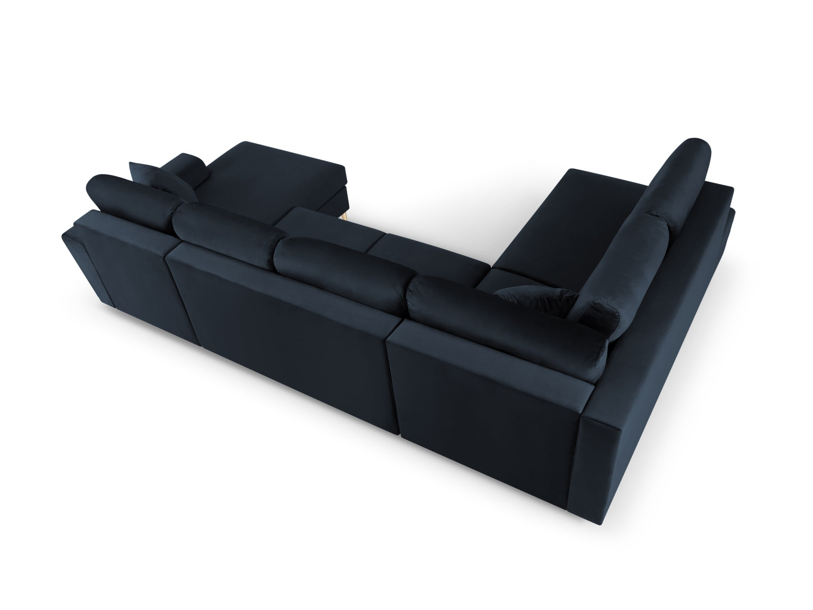 Elegantes Kyoto Velour Panoramic Ecksofa links in stilvollem Blau, 7-Sitzer mit cleverem Stauraum und gemütlicher Schlaffunktion für Übernachtungsgäste.
