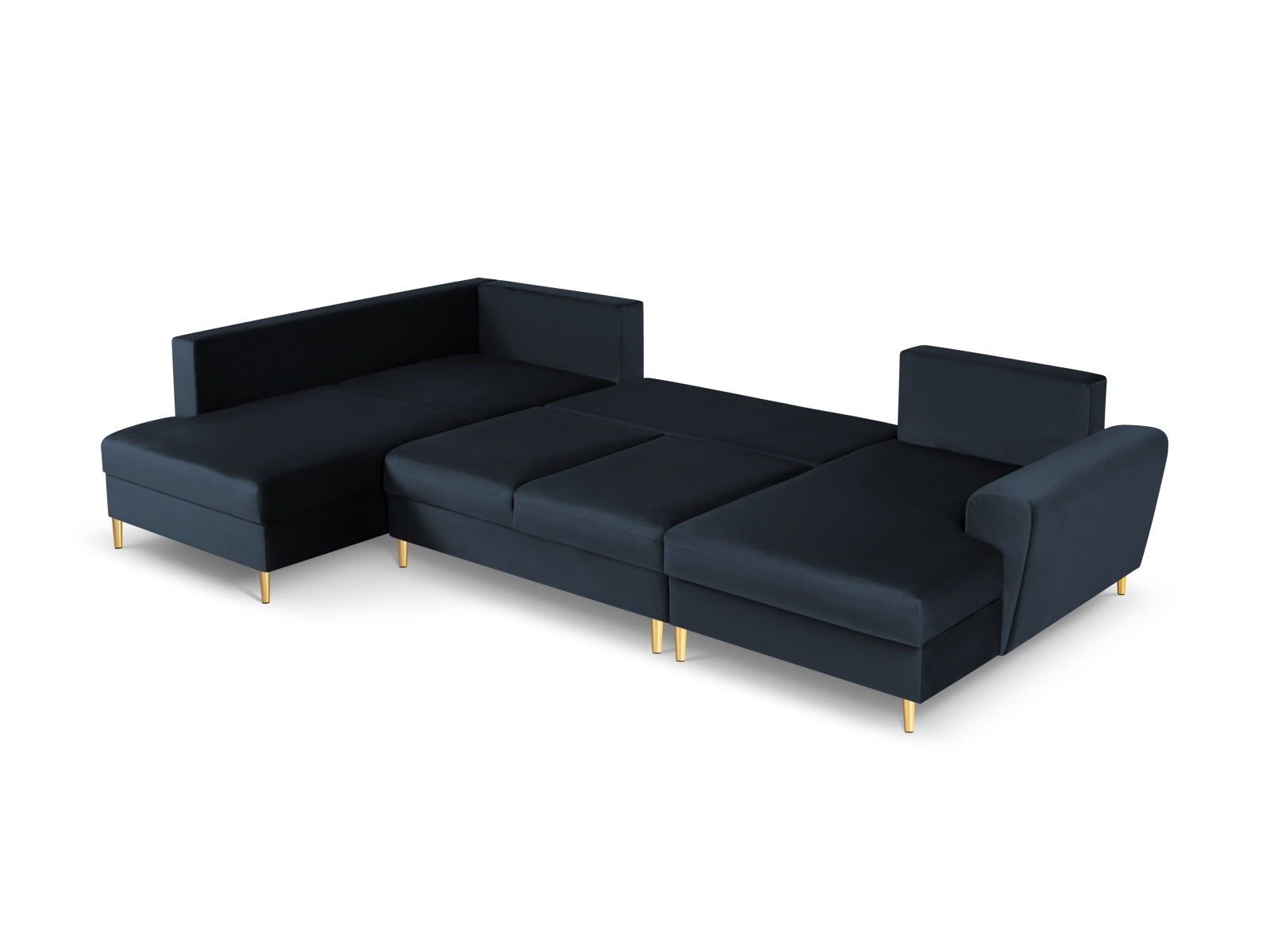 Modernes Kyoto Velour Panoramic Ecksofa links in edlem Blau, 7-Sitzer mit praktischem Stauraum und komfortabler Schlaffunktion für Gäste.