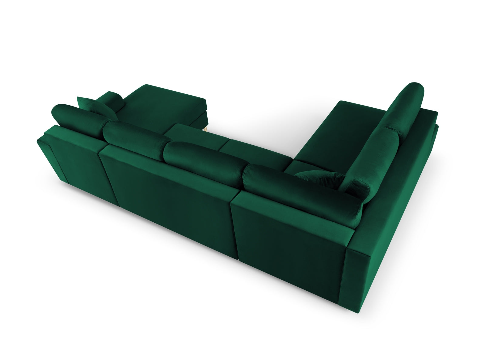 Modernes Kyoto Velour Panoramic Ecksofa links in sattem Grün, 7 Sitzer mit cleverem Stauraum und gemütlicher Schlaffunktion für vielseitige Nutzung.