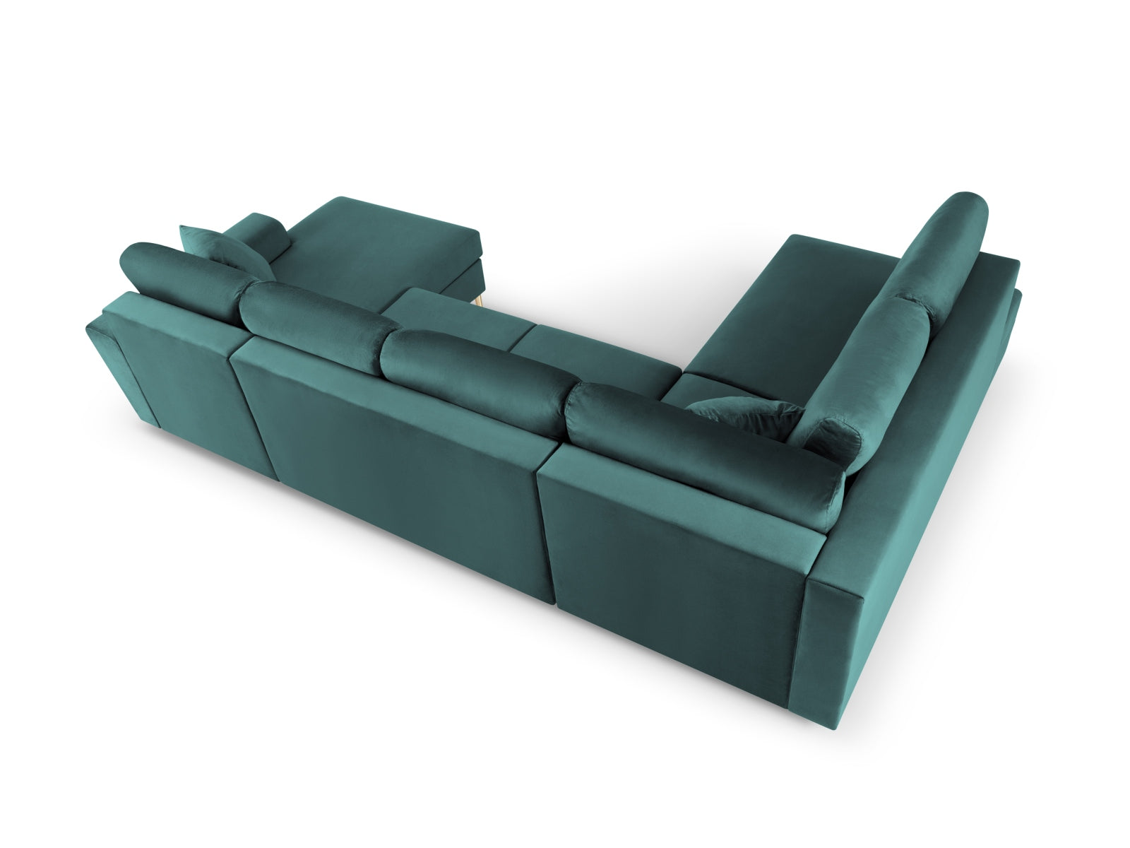 Stylisches Kyoto Velour Panoramic Ecksofa links in Petrol-Riviera, 7 Sitzer mit cleverem Stauraum und gemütlicher Schlafoption.