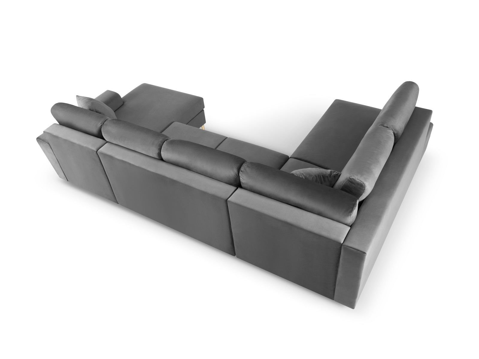 Stylisches Kyoto Velour Panoramic Ecksofa links in hellem Grau, 7-Sitzer mit cleverem Stauraum und gemütlicher Schlafoption.