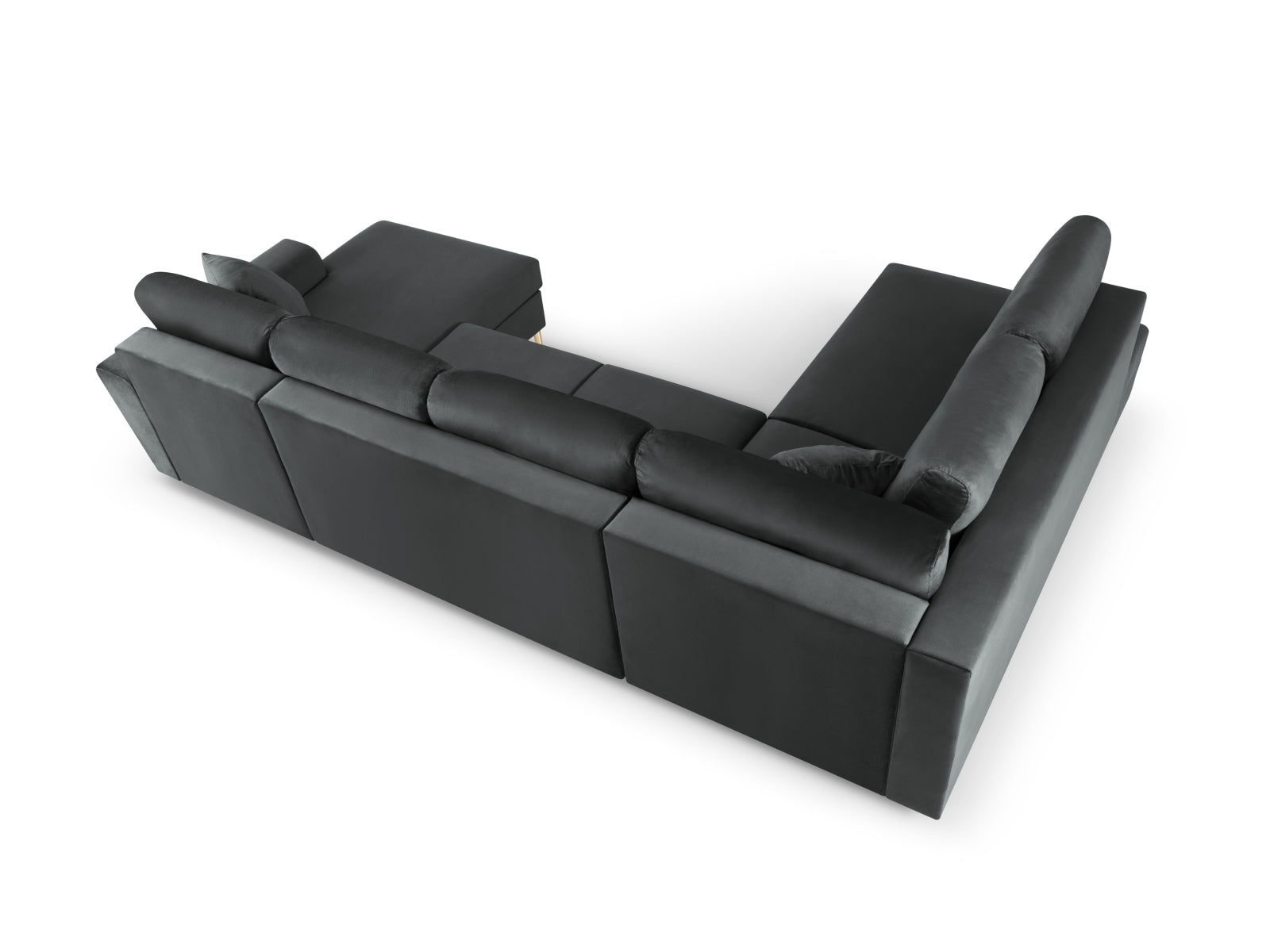 Stylisches Kyoto Velour Panoramic Ecksofa links in Dunkelgrau, 7-Sitzer mit cleverem Stauraum und gemütlicher Schlaffunktion für jeden Raum.