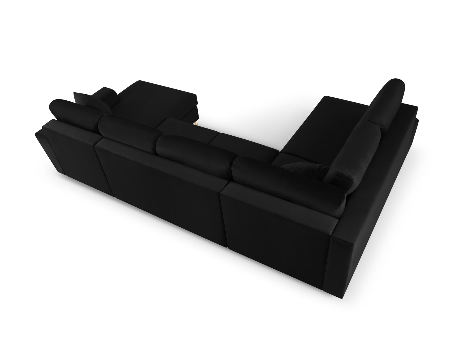 Stylisches Kyoto Velour Panoramic Ecksofa links in edlem Schwarz, 7-Sitzer mit cleverem Stauraum und gemütlicher Schlaffunktion für vielseitige Nutzung.