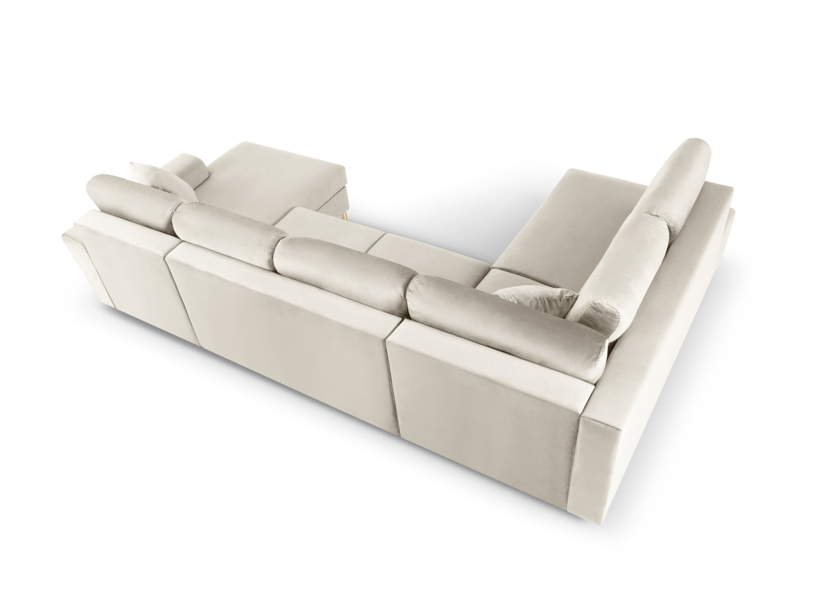 Stilvolles Kyoto Velour Panoramic Ecksofa links in sanftem Beige, 7 Sitzer mit cleverem Stauraum und komfortabler Schlaffunktion für entspannte Momente.