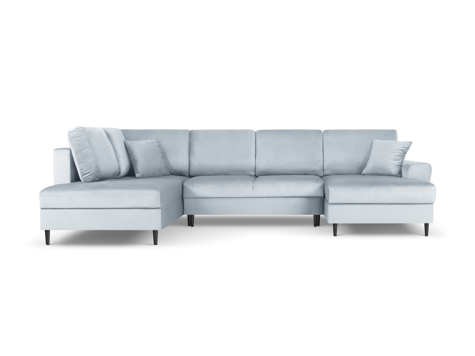 Stylisches Kyoto Velour Panoramic Ecksofa links in sanftem Light Blue-Riviera, 7 Sitzer mit cleverem Stauraum und gemütlicher Schlaffunktion.