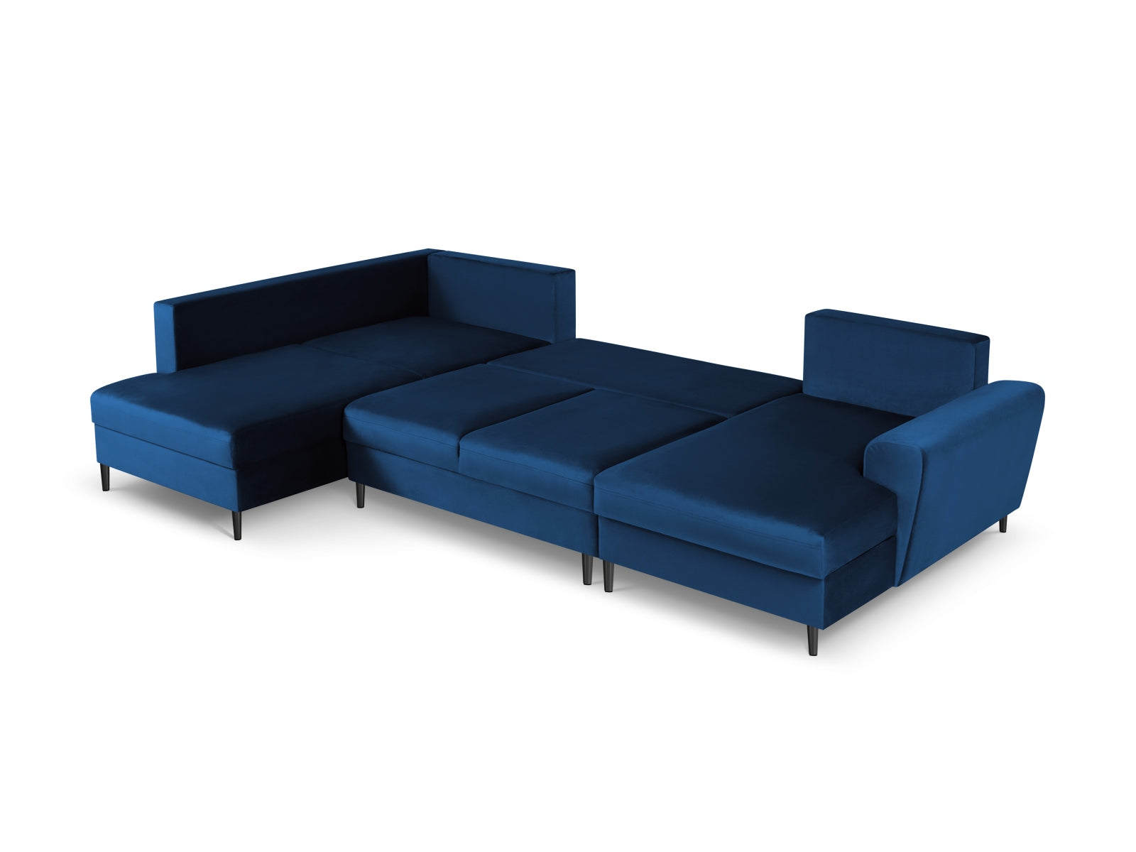 Stylisches Kyoto Velour Panoramic Ecksofa links in Royal Blue, 7 Sitzer, bietet praktischen Stauraum und eine bequeme Schlaffunktion für Gäste.