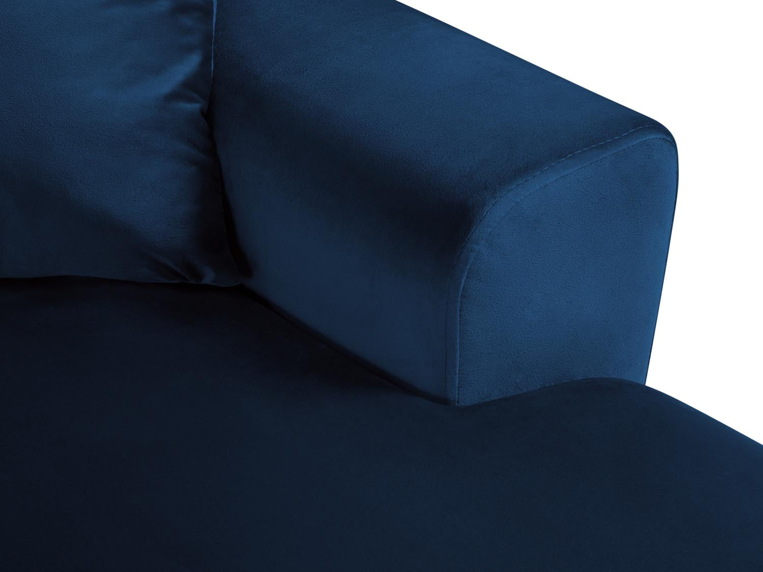 Elegantes Kyoto Velour Panoramic Ecksofa links in Royal Blue, 7 Sitzer, ideal für stilvolle Wohnräume mit zusätzlichem Stauraum und Schlaffunktion.