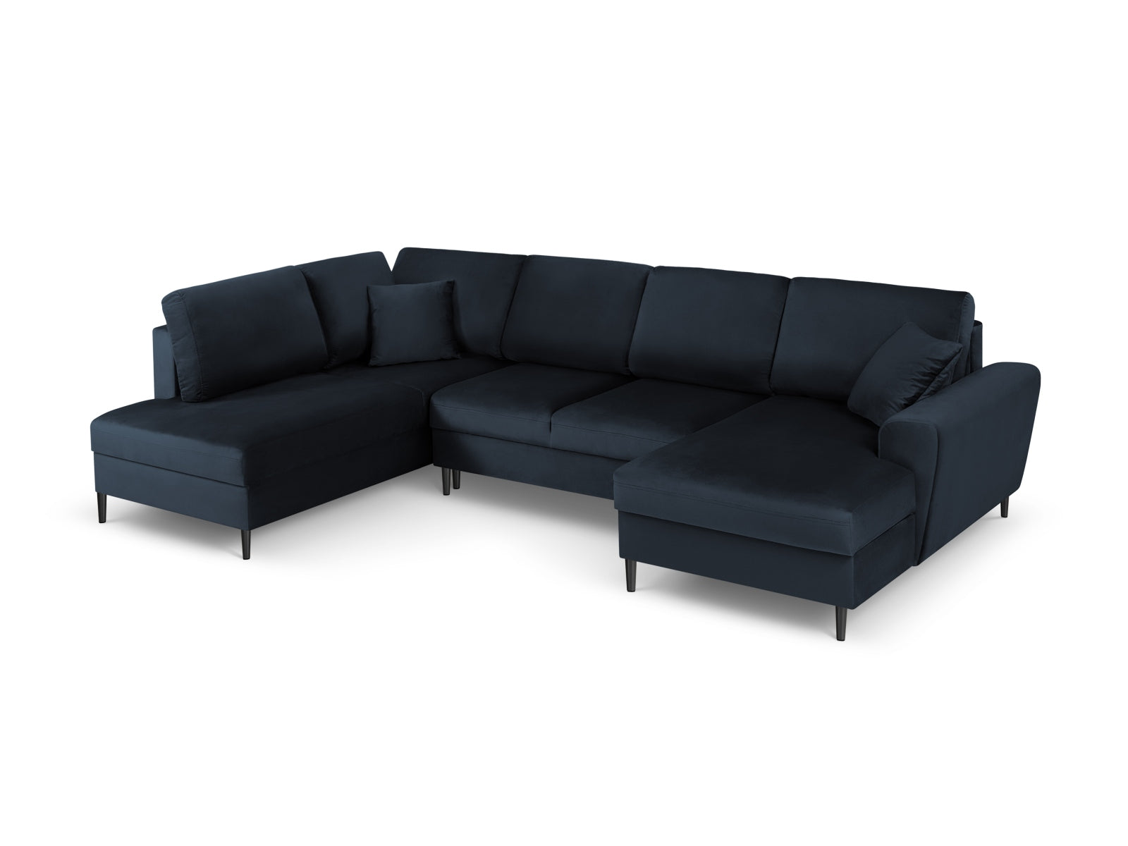 Modernes Kyoto Velour Panoramic Ecksofa links in edlem Blau, 7-Sitzer mit praktischem Stauraum und komfortabler Schlaffunktion für Gäste.