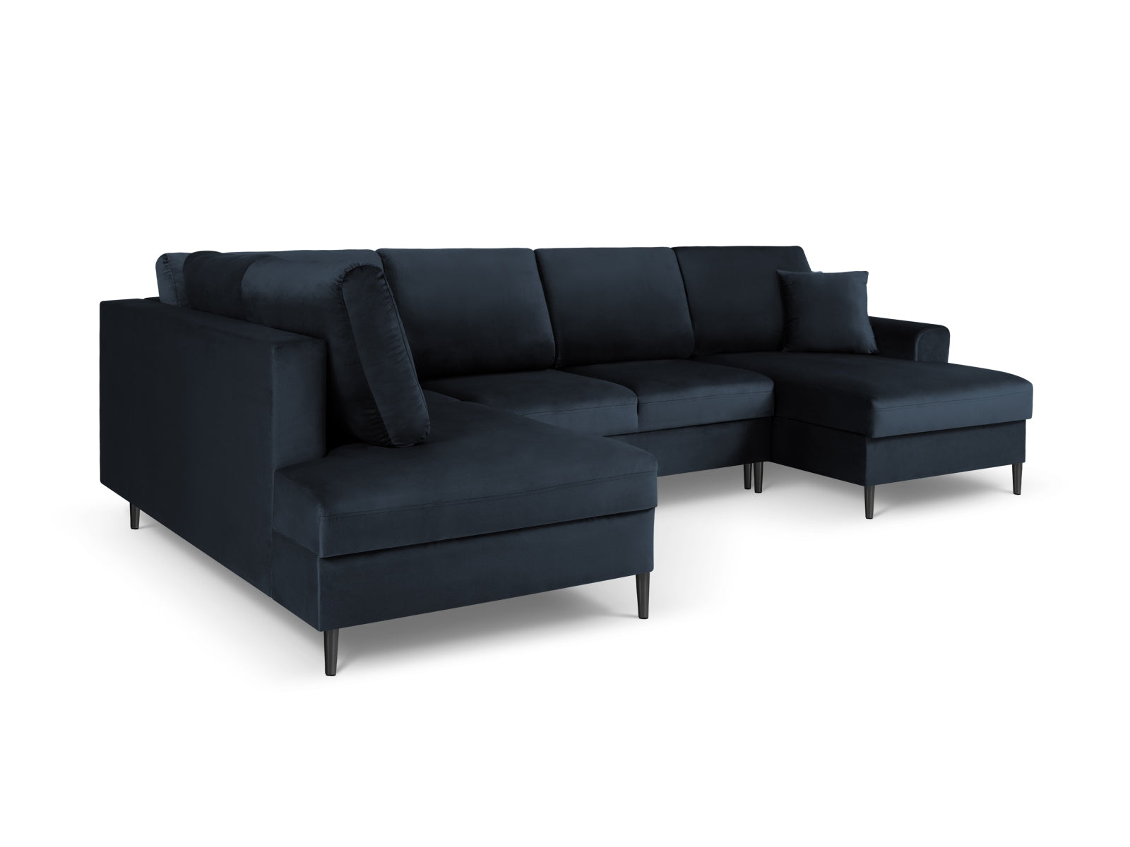 Modernes Kyoto Velour Panoramic Ecksofa links in edlem Blau, 7-Sitzer mit praktischem Stauraum und komfortabler Schlaffunktion für Gäste.