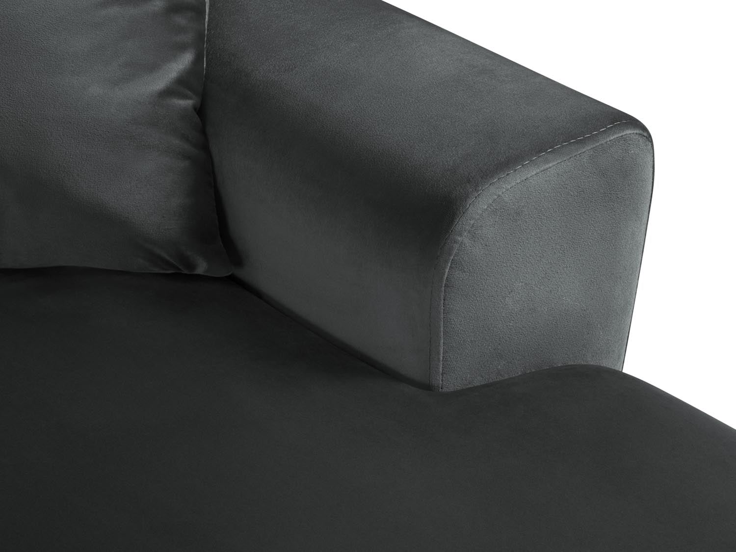 Stylisches Kyoto Velour Panoramic Ecksofa links in Dunkelgrau, 7-Sitzer mit cleverem Stauraum und gemütlicher Schlaffunktion für vielseitige Nutzung.