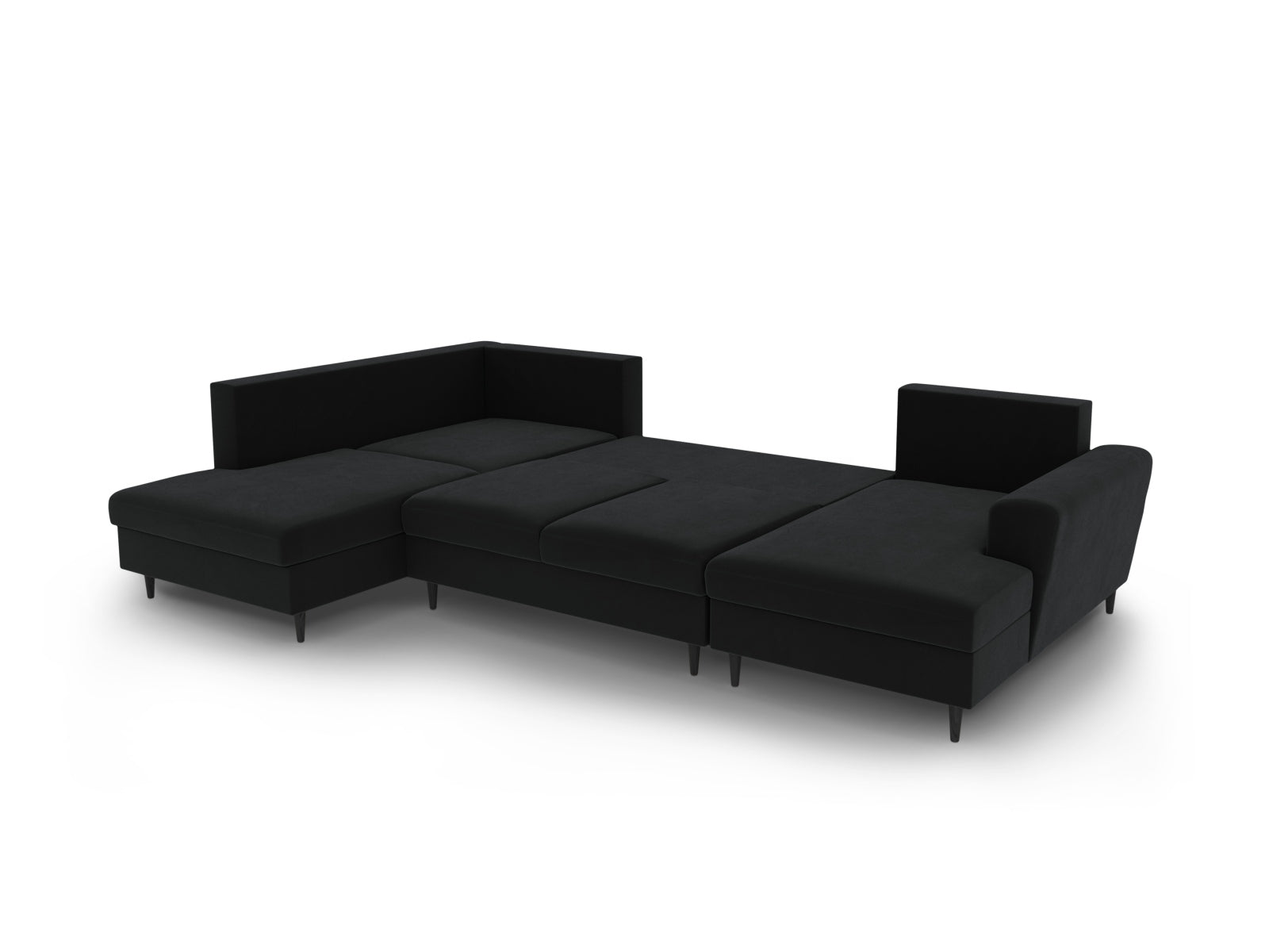 Elegantes Kyoto Velour Panoramic Sofa in Schwarz, 7-Sitzer mit Stauraum und Schlaffunktion für stilvolle Entspannung und Übernachtungen.
