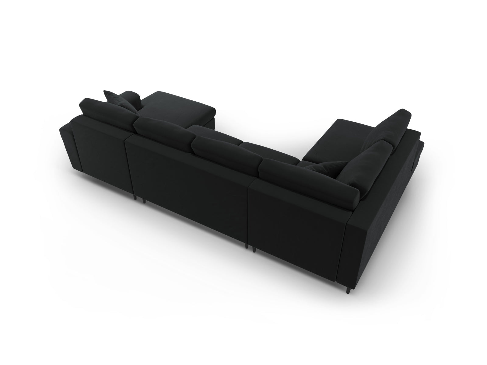 Modernes Kyoto Velour Panoramic Sofa in Schwarz, 7-Sitzer mit praktischen Stauraum und Schlaffunktion für gemütliche Abende und Gäste.