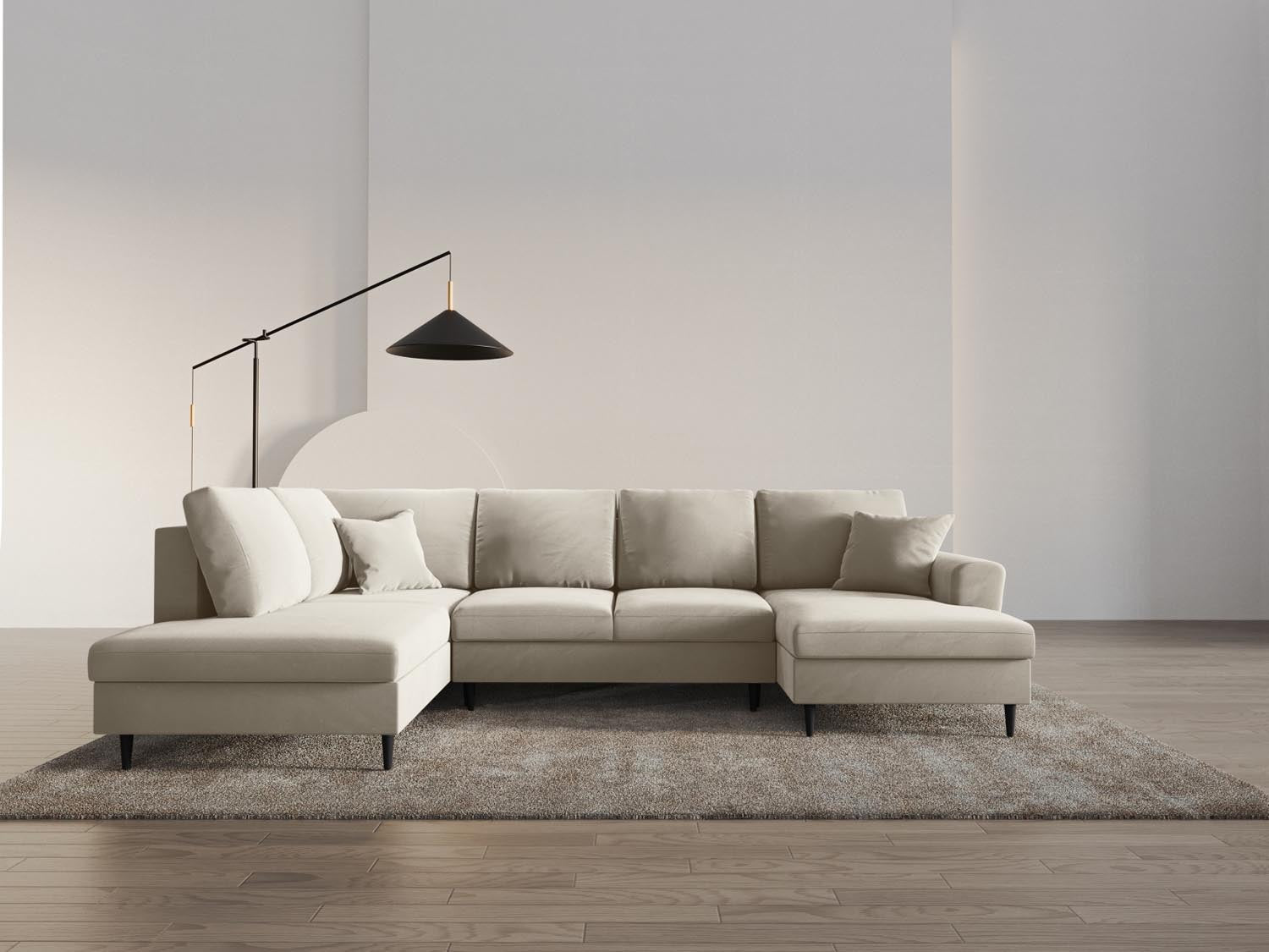 Stylisches Kyoto Velour Panoramic Sofa in Light Beige-Riviera, 7-Sitzer mit Stauraum und Schlaffunktion, ideal für moderne Wohnräume.