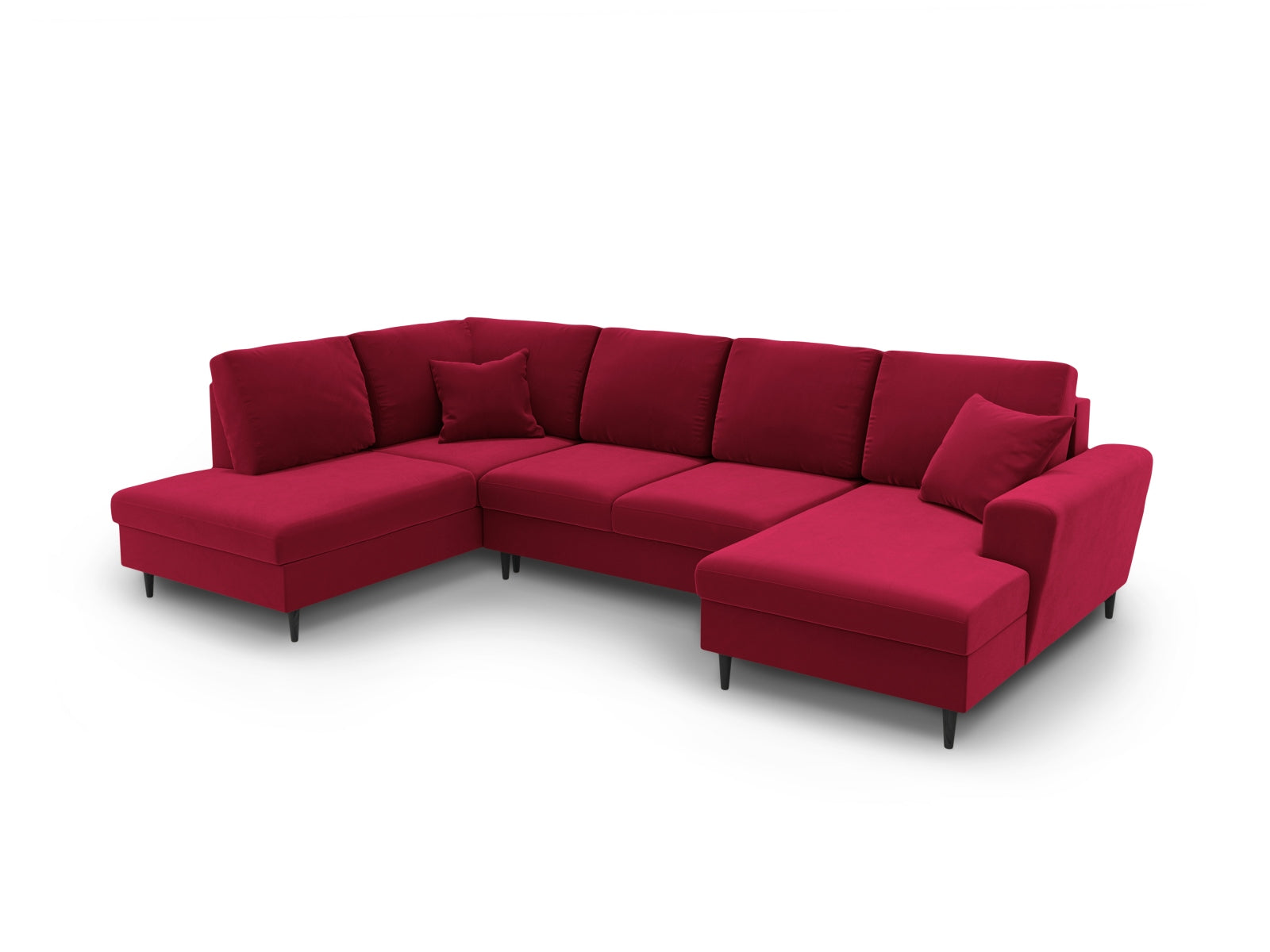 Modernes Kyoto Velour Panoramic Sofa in Rot, 7-Sitzer mit praktischen Stauraum und Schlaffunktion, perfekt für gemütliche Abende.
