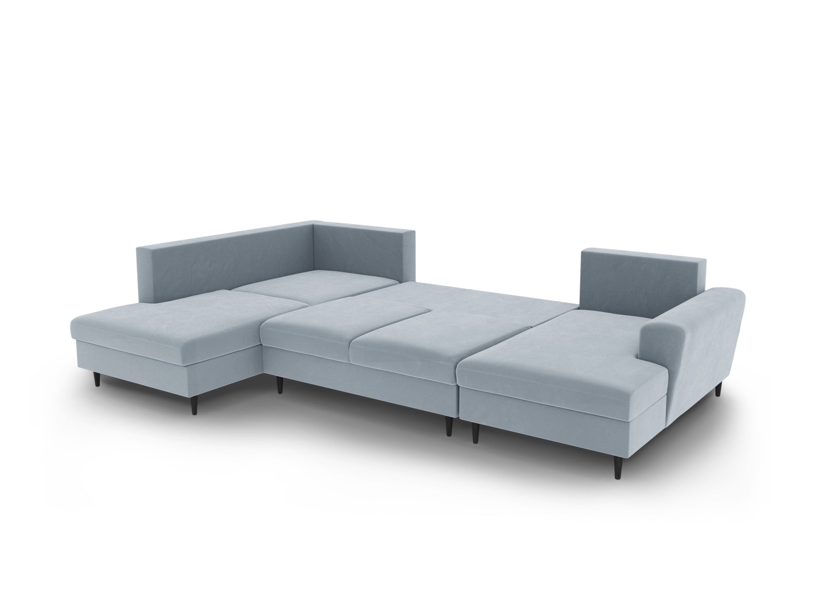 Elegantes Kyoto Velour Panoramic Sofa in zartem Hellblau, 7-Sitzer mit cleverem Stauraum und gemütlicher Schlafoption.