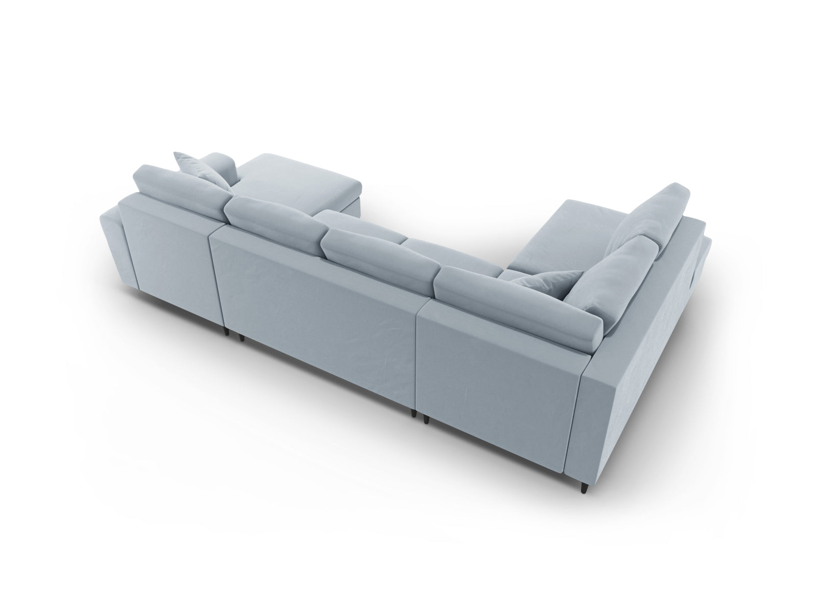 Stylisches Kyoto Velour Panoramic Sofa in sanftem Hellblau, 7-Sitzer mit praktischem Stauraum und komfortabler Schlaffunktion.
