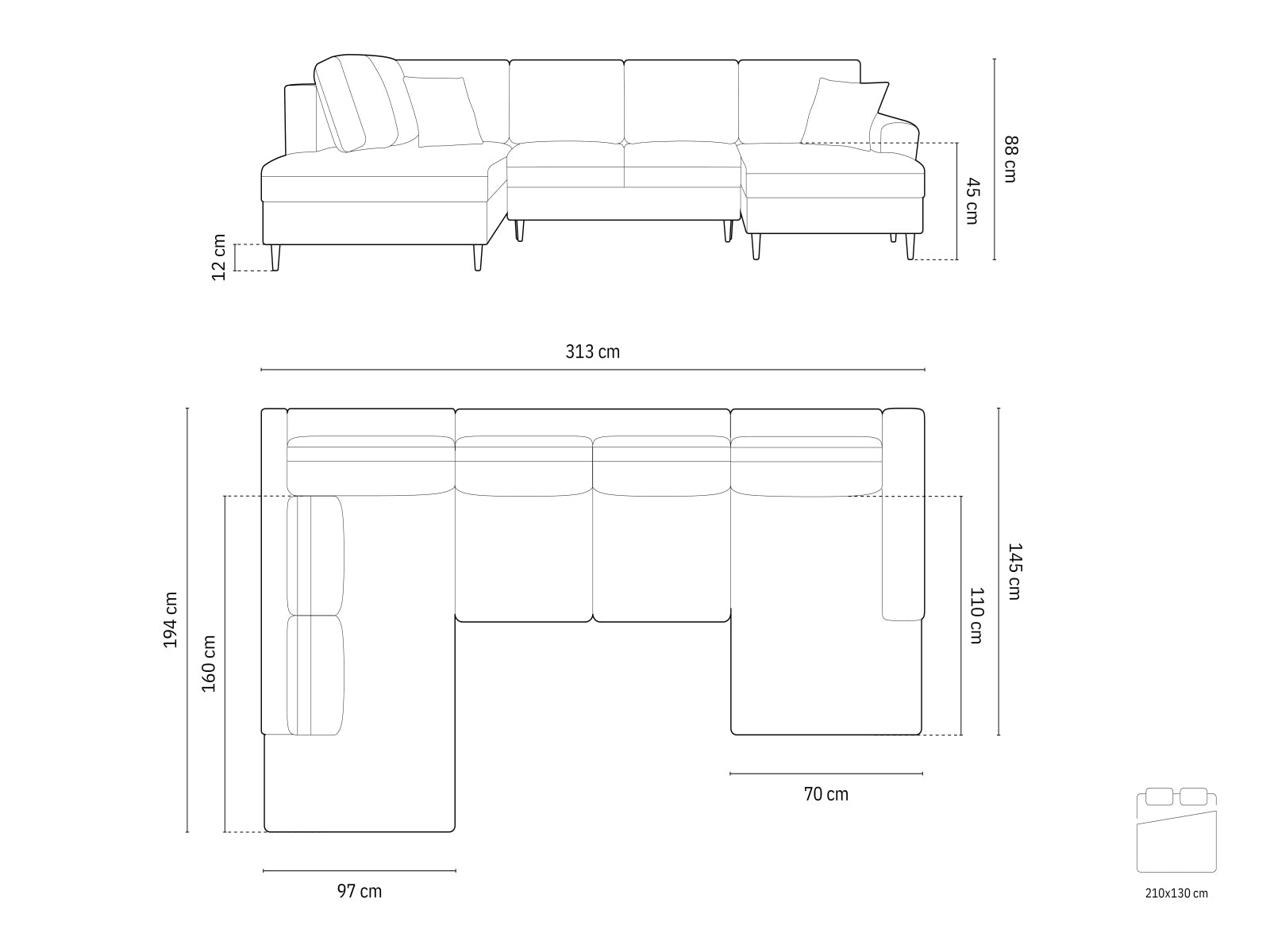 Stylisches Kyoto Velour Panoramic Sofa in Dunkelblau, 7-Sitzer mit praktischem Stauraum und umwandelbarer Schlaffunktion für Gäste.