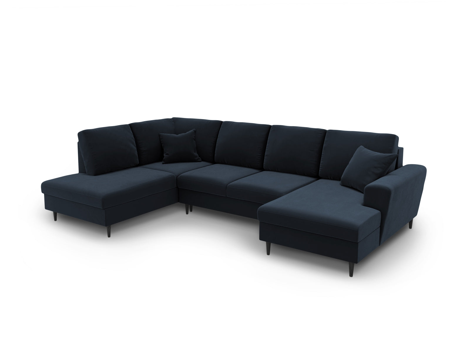 Stilvolles Kyoto Velour Panoramic Sofa in Dunkelblau, 7-Sitzer mit praktischer Schlaffunktion und integriertem Stauraum für modernen Komfort.