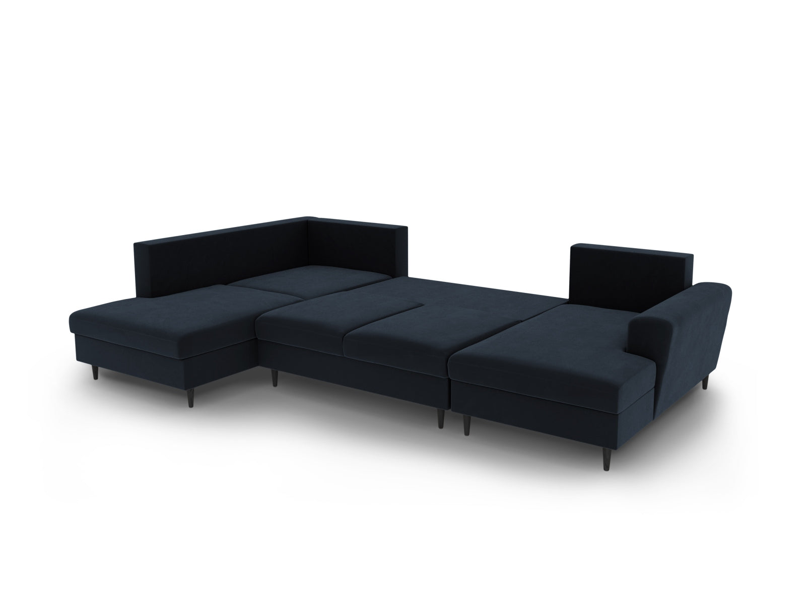 Elegantes Kyoto Velour Panoramic Sofa in Dunkelblau, 7-Sitzer mit cleverem Stauraum und Schlaffunktion für vielseitige Wohnlösungen.