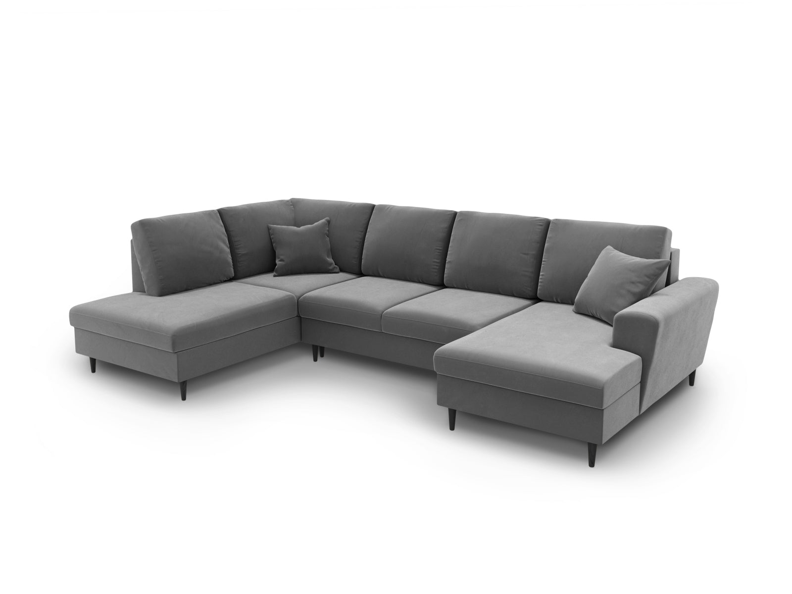 Elegantes Kyoto Velour Panoramic Sofa in sanftem Grau, 7-Sitzer mit praktischem Stauraum und komfortabler Schlaffunktion für vielseitige Nutzung.