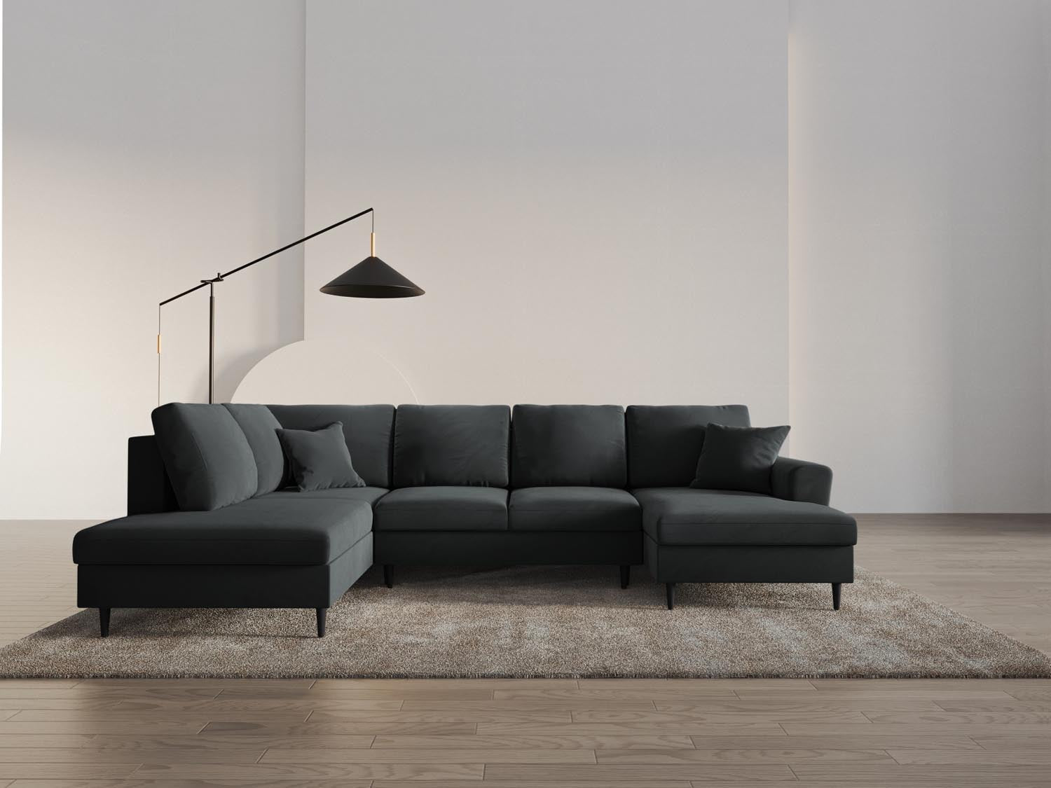 Stylisches Kyoto Velour Panoramic Sofa in Dunkelgrau, 7-Sitzer mit Stauraum und Schlaffunktion, ideal für moderne Wohnräume.