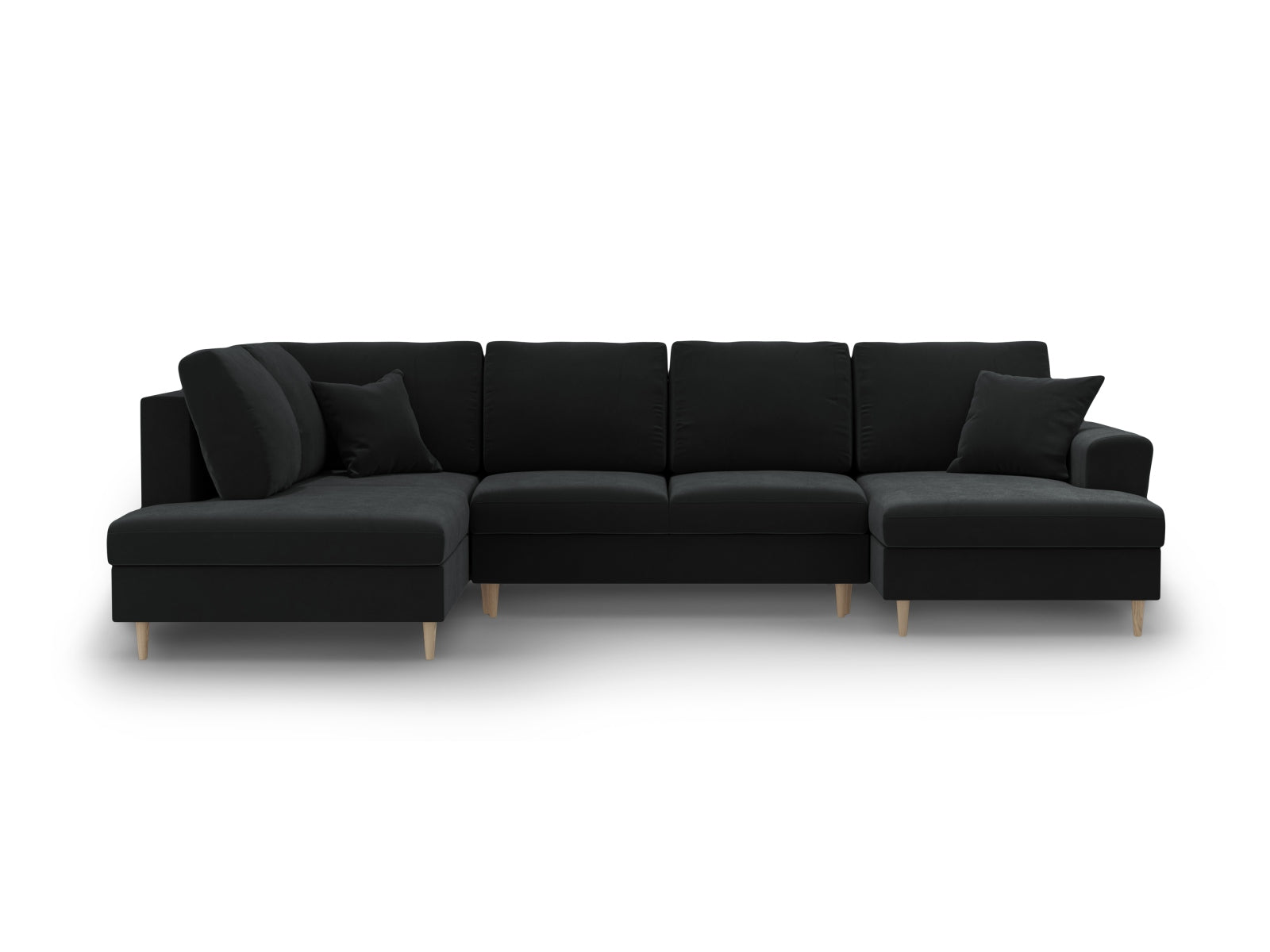 Elegantes Kyoto Velour Panoramic Sofa in Schwarz, 7-Sitzer mit cleverem Stauraum und gemütlicher Schlaffunktion für entspannte Übernachtungen.