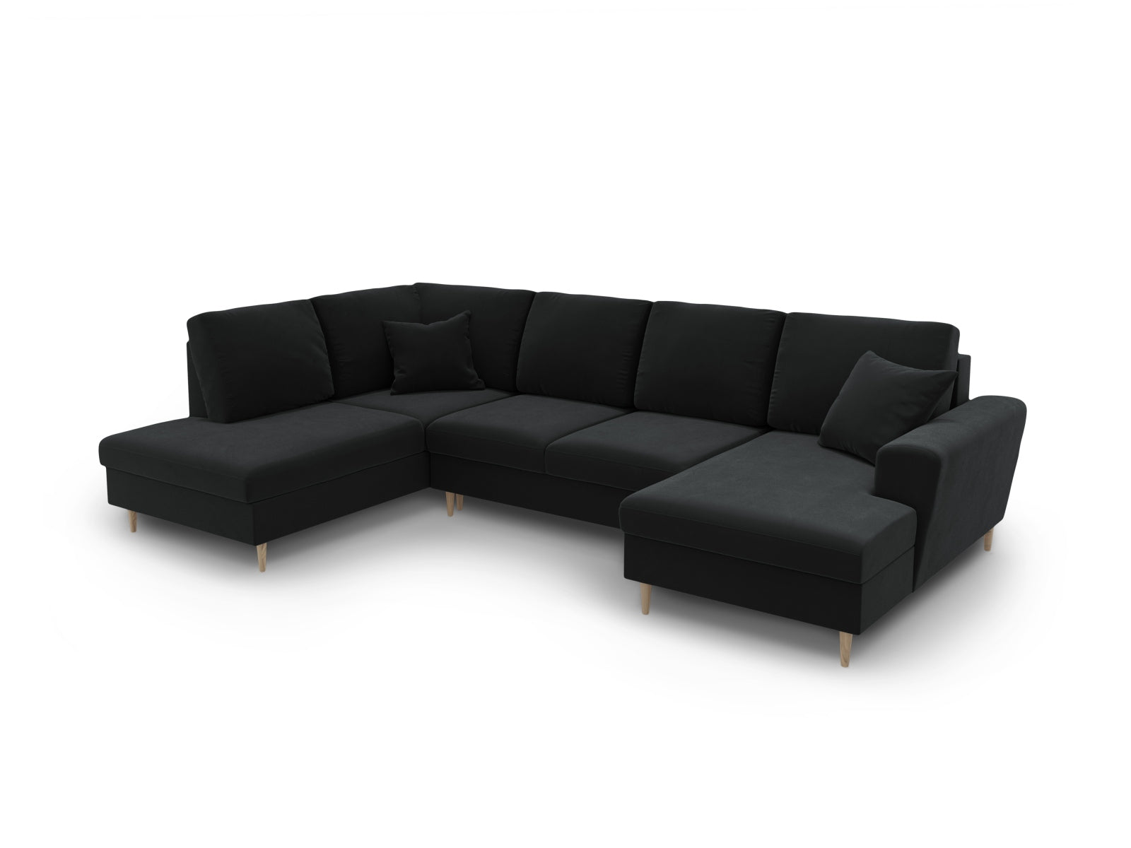 Elegantes Kyoto Velour Panoramic Sofa in Schwarz, 7-Sitzer mit cleverem Stauraum und vielseitiger Schlaffunktion für zusätzlichen Komfort.